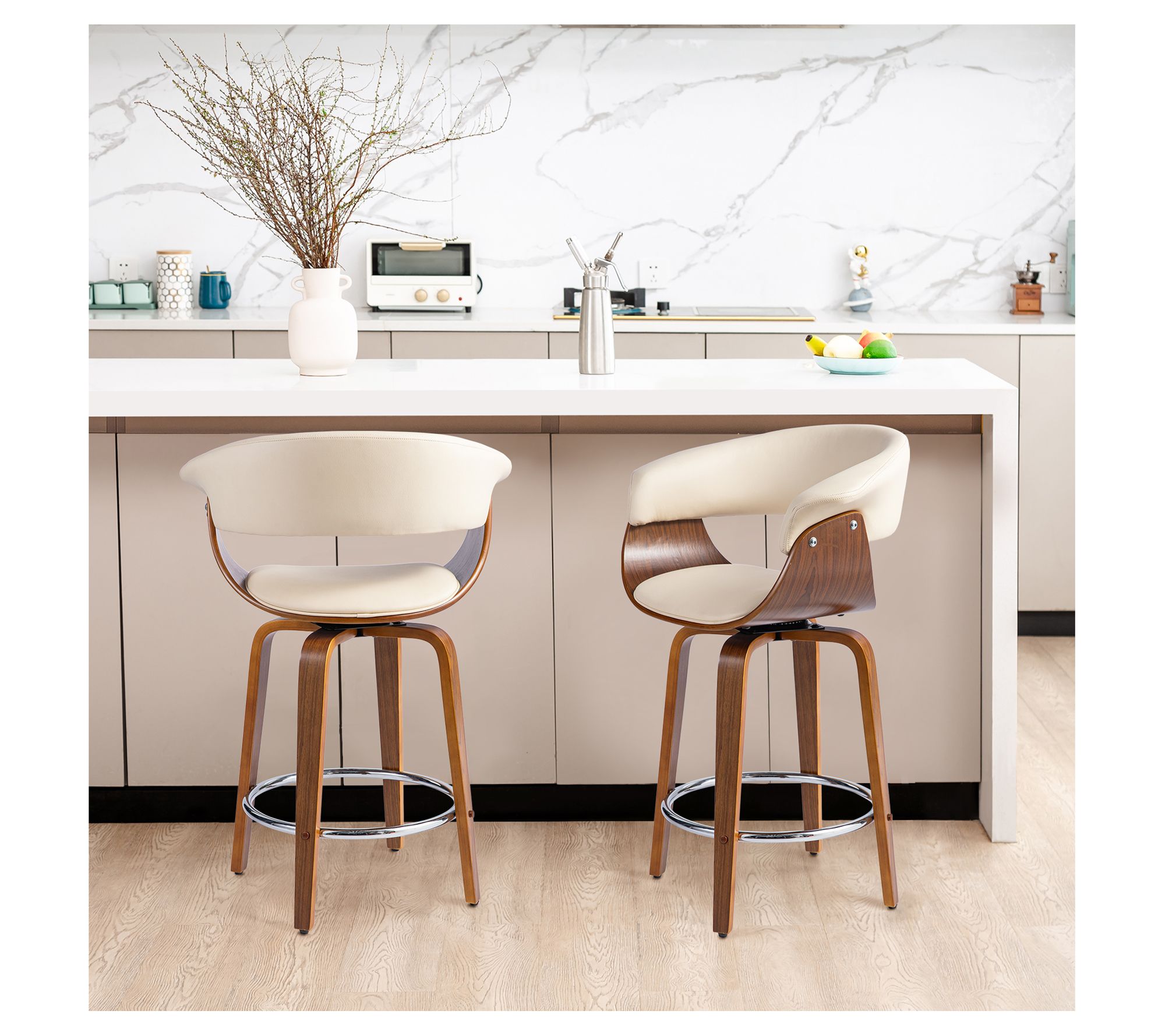 Glitzhome Mid-Century Leatherette Swivel Counter Stools S/2