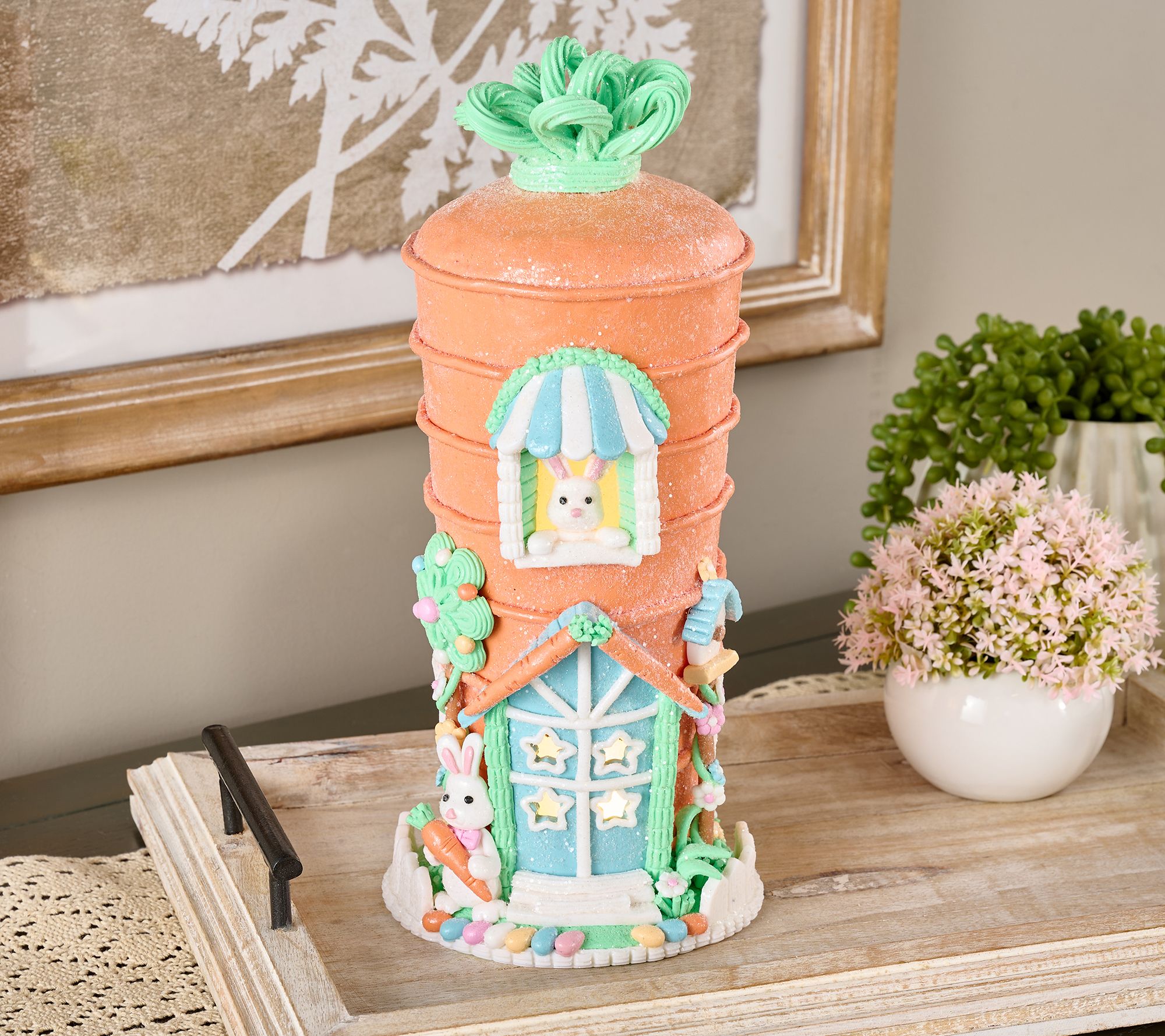 "As Is" 12" Illuminated Sugared Carrot House with Bunnies-Valerie