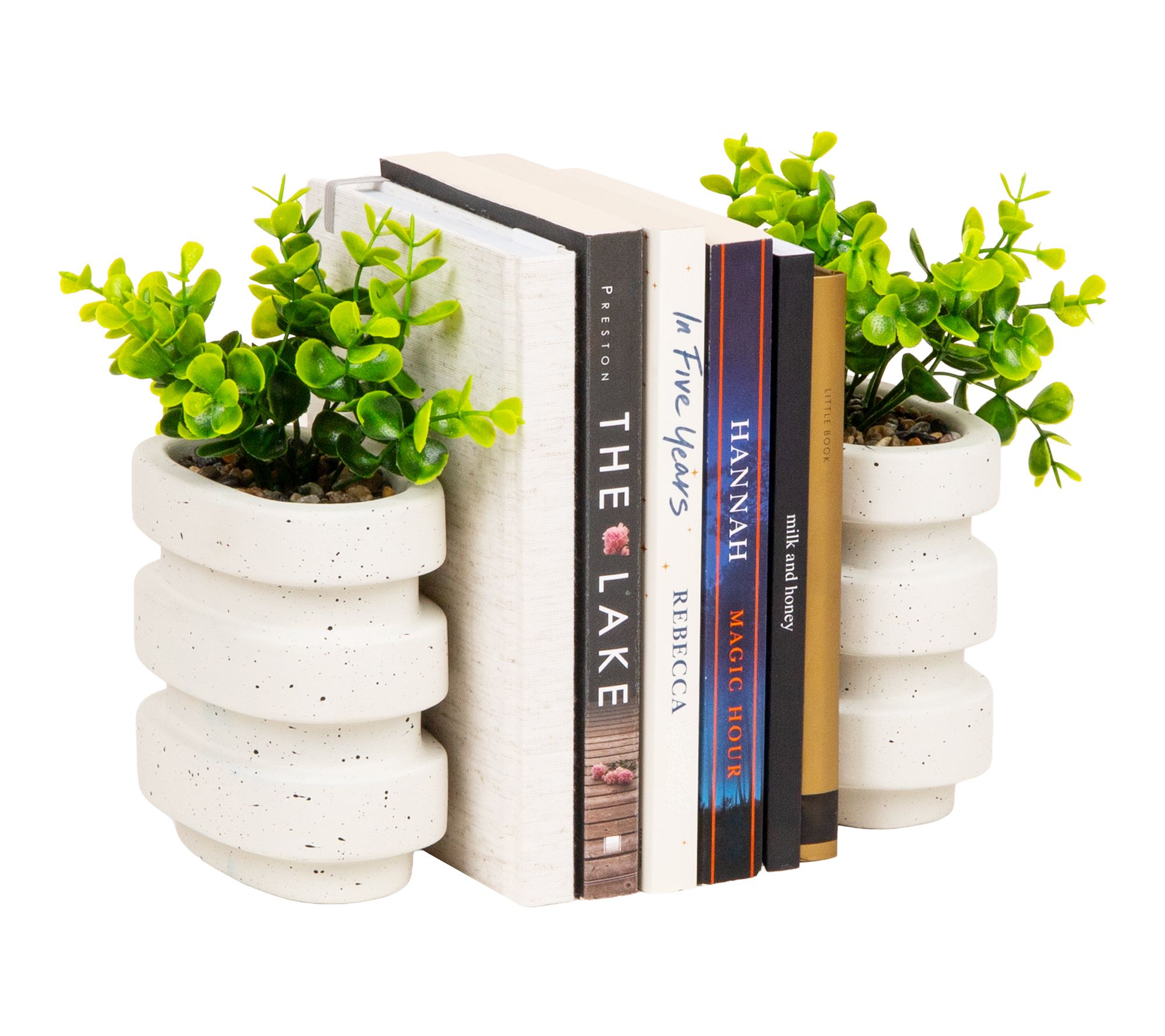 Mind Reader Ribbed Cement Planter Bookends, Faux Greenery