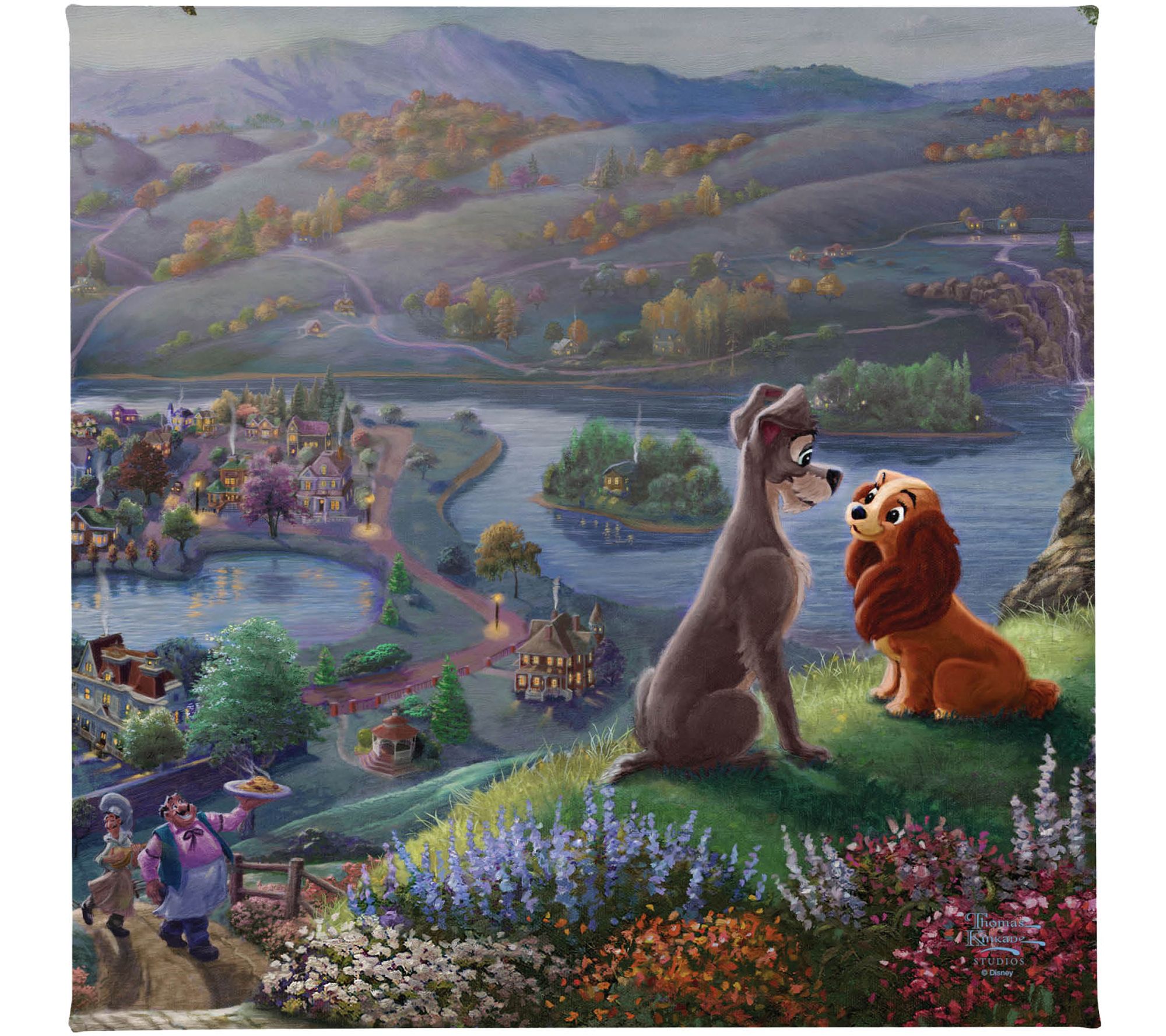 Thomas Kinkade Lady & Tramp Falling In Love 14X14 Gallery Wrap