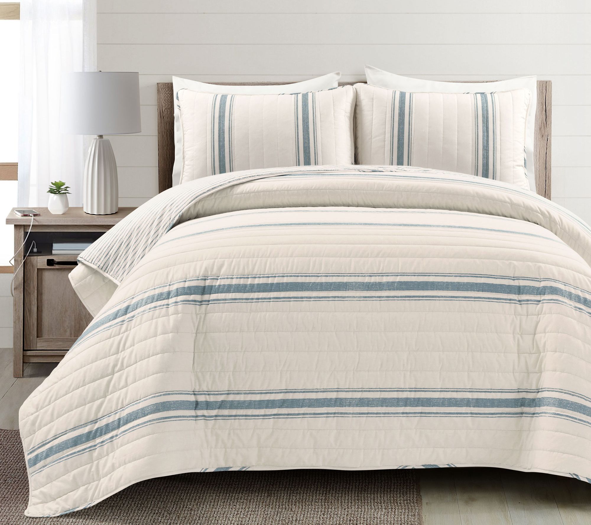 Farmhouse Stripe Reversible Cotton Quilt Blue 3c Set F/Q