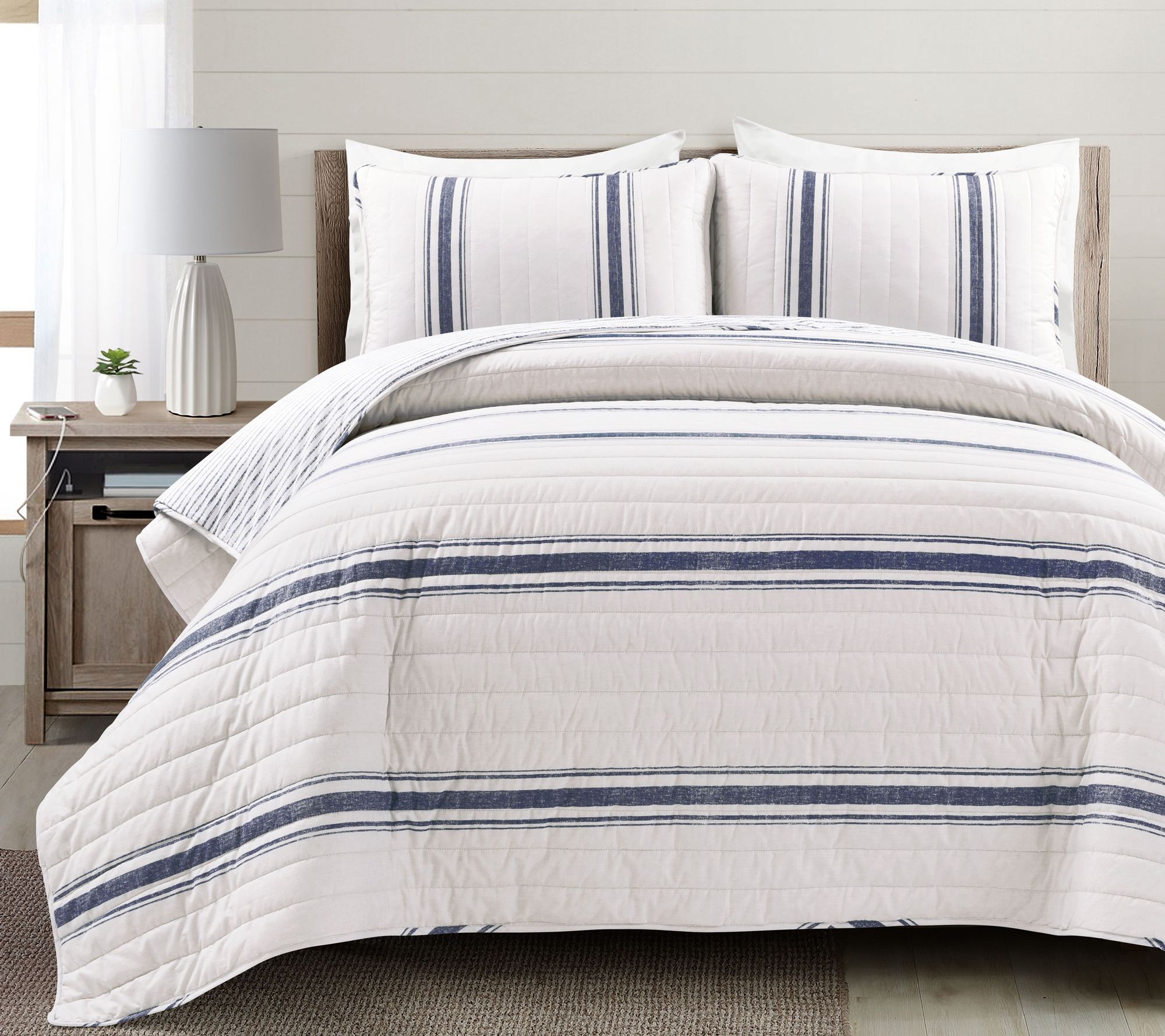 Farmhouse Stripe Reversible Cotton Quilt Blue 3c Set F/Q