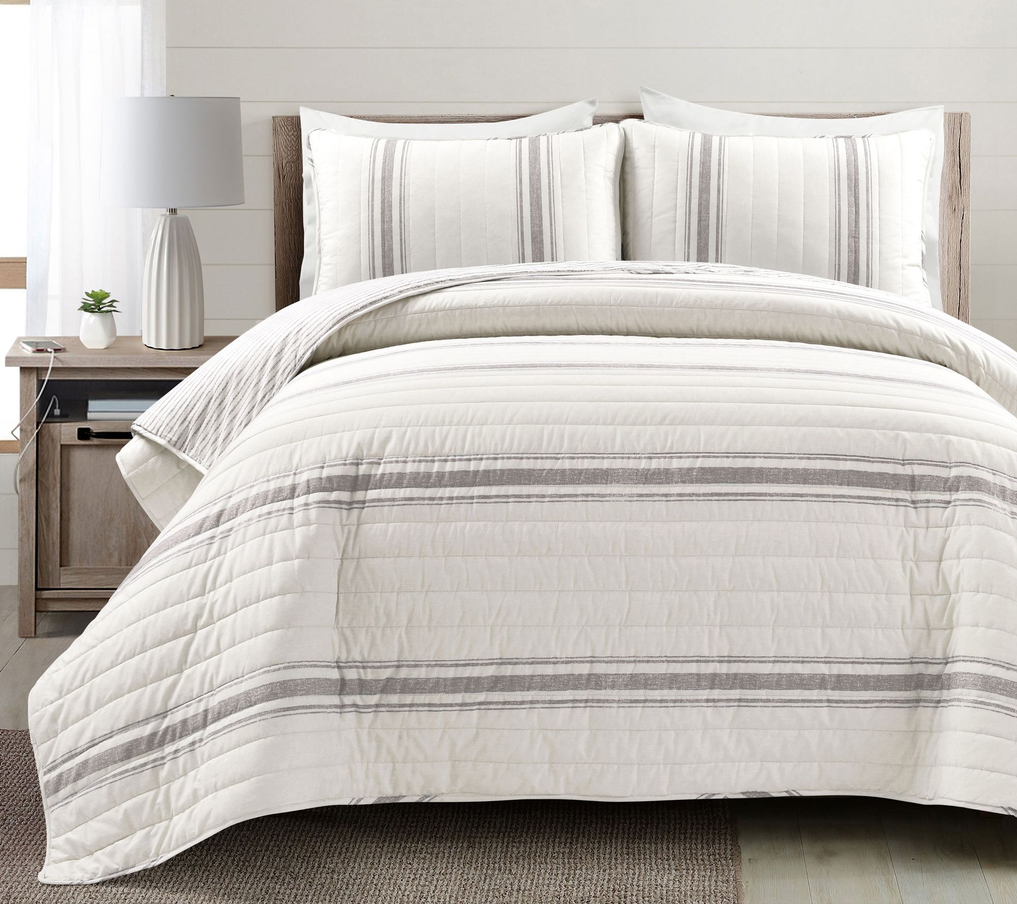 Farmhouse Stripe Reversible Cotton Quilt Blue 3c Set F/Q