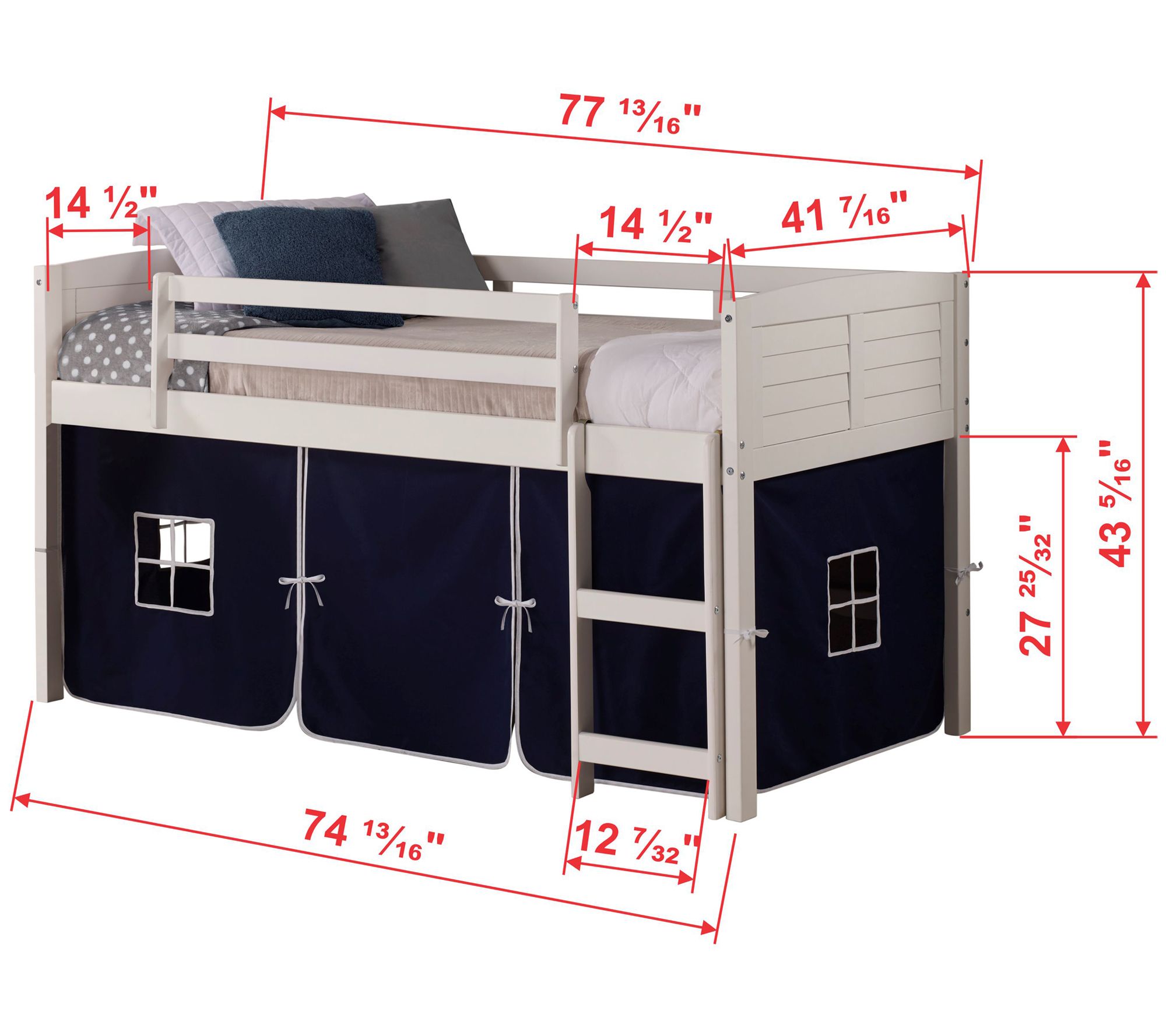 Donco Kids Twin Louver Low Loft White Bed, Solid Tent & Slide