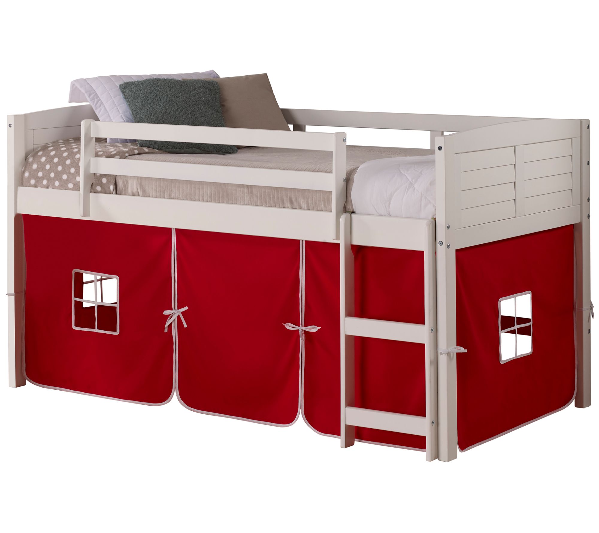 Donco Kids Twin Louver Low Loft White Bed, Solid Tent & Slide