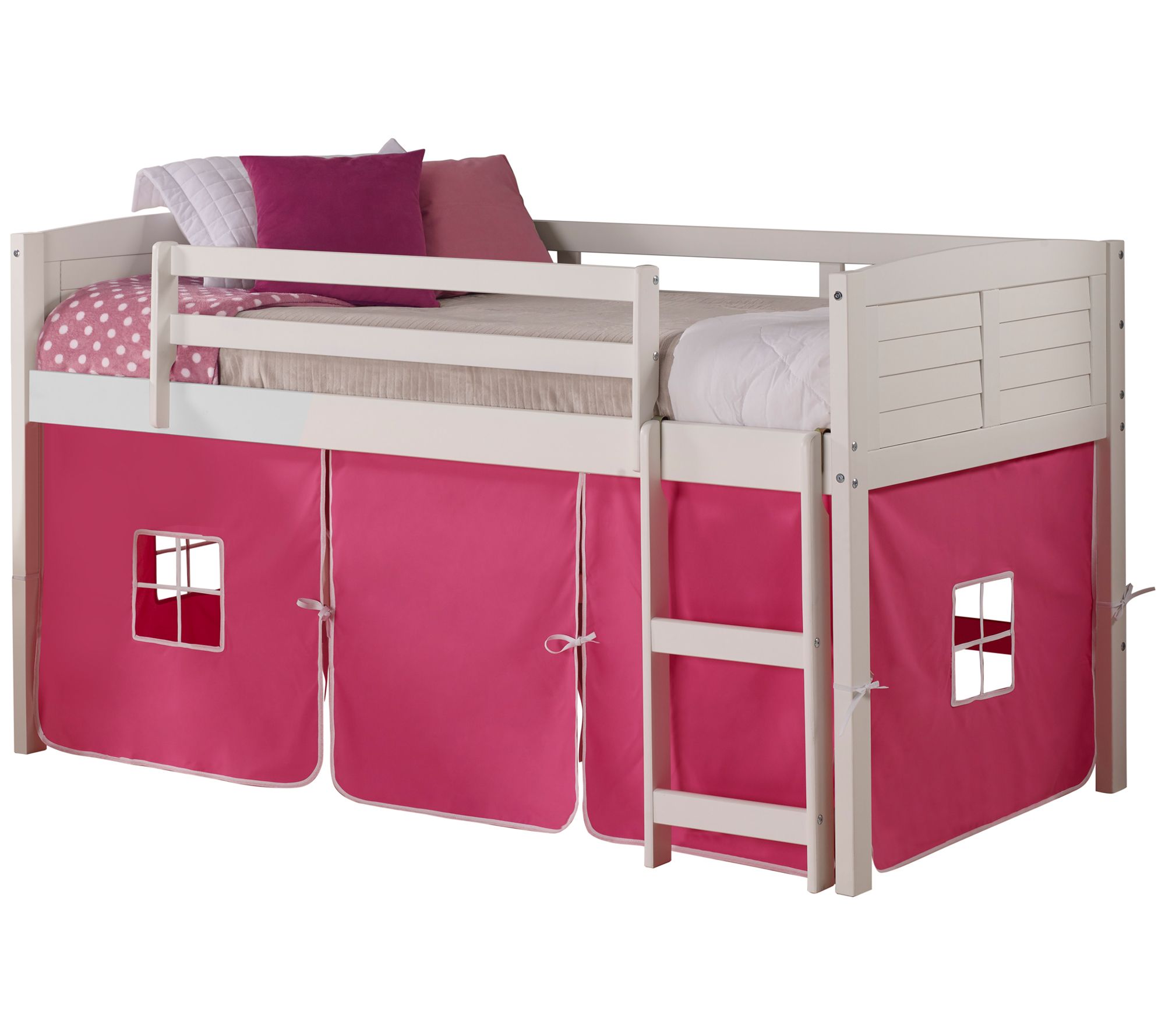 Donco Kids Twin Louver Low Loft White Bed, Solid Tent & Slide