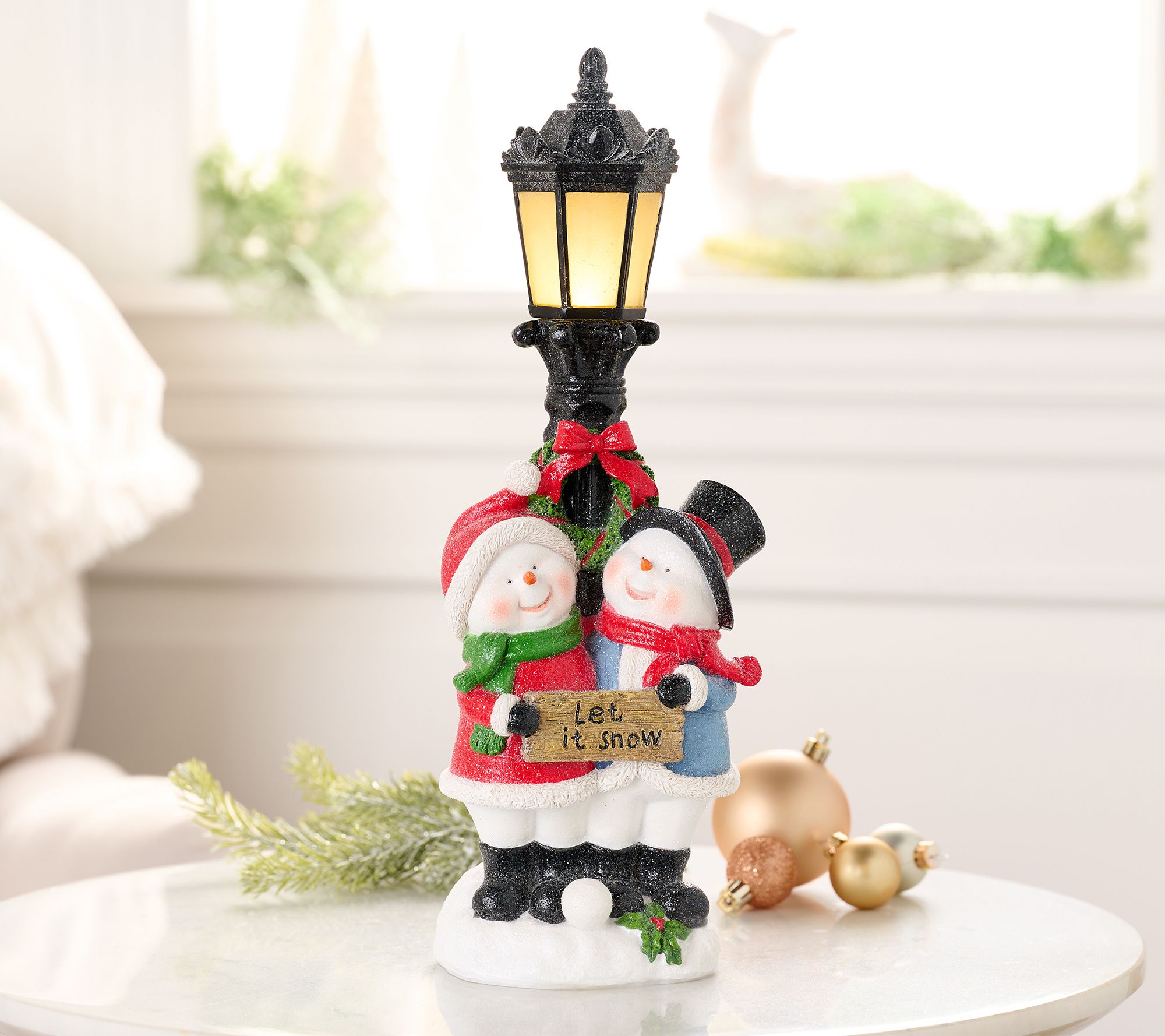 Snowman Couple with Illuminated Lamp Post by Valerie