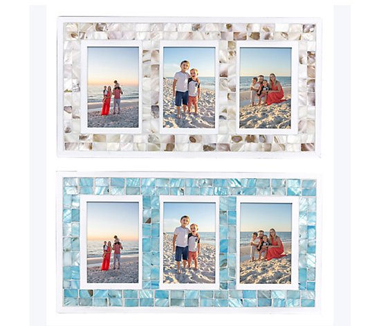 Young's Wood Triple 4X6 Picture Frame w/Shell Tiles, 2 pcs/set