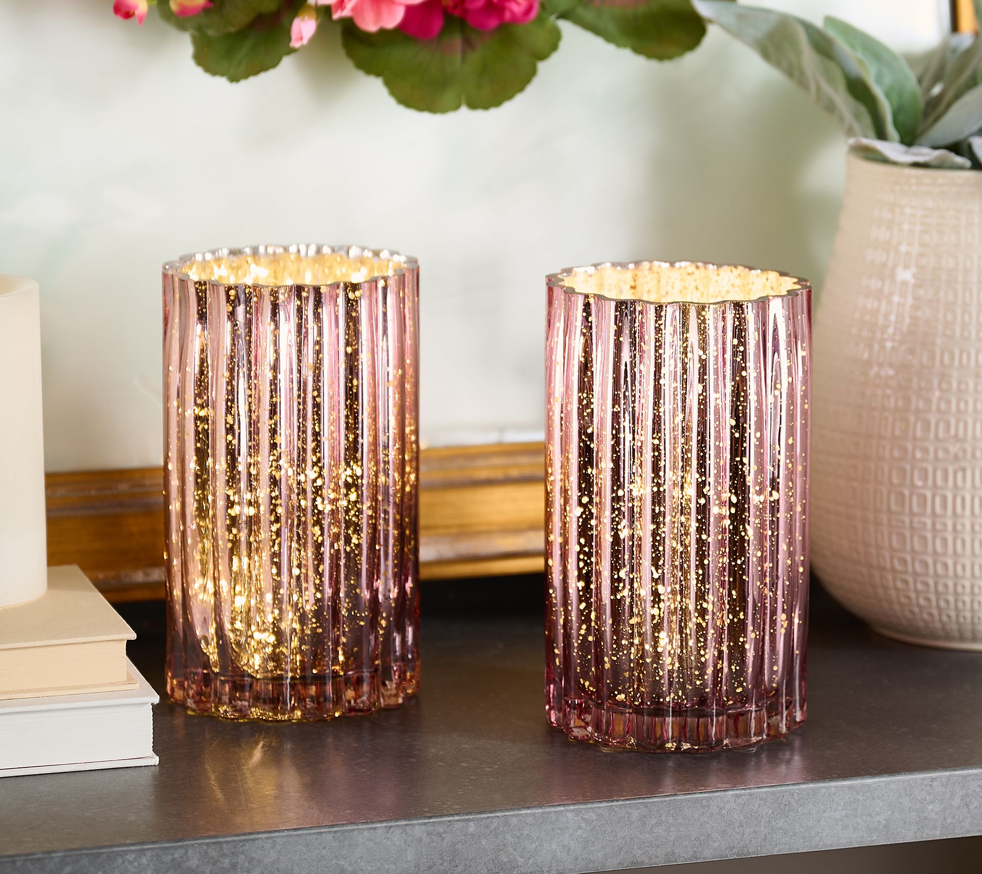 "As Is" Set of 2 Illuminated Mercury Glass Hurricanes by Valerie