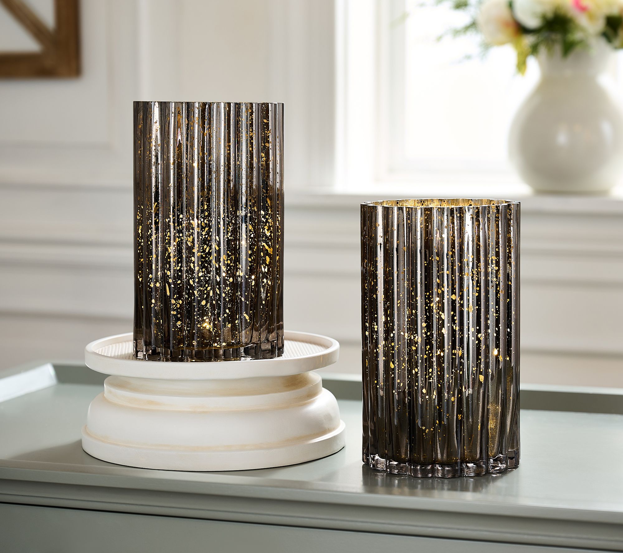 "As Is" Set of 2 Illuminated Mercury Glass Hurricanes by Valerie