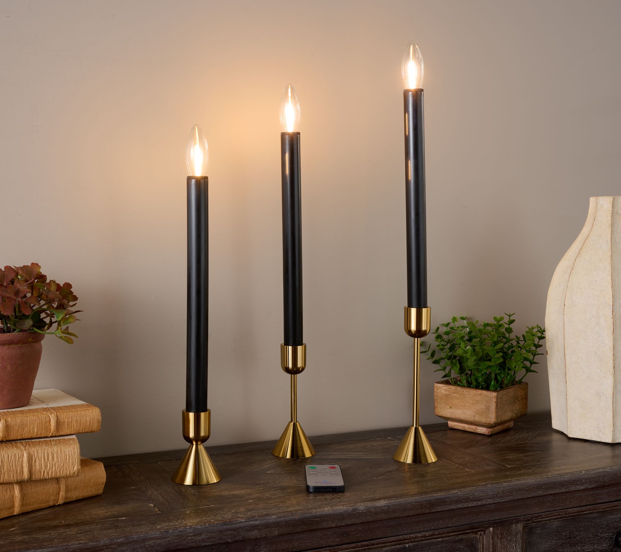 Bethlehem Lights (3) Flameless Taper Candles w/ Gold Holders