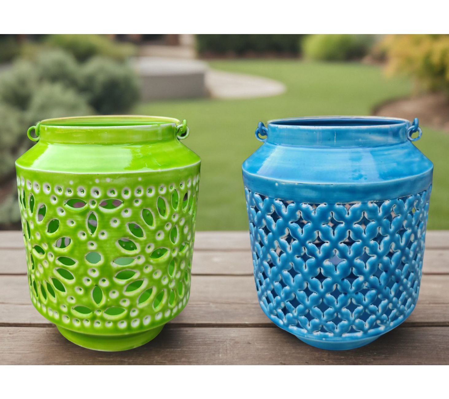 Young's Metal Bucket Lantern, Green & Blue, Setof 2