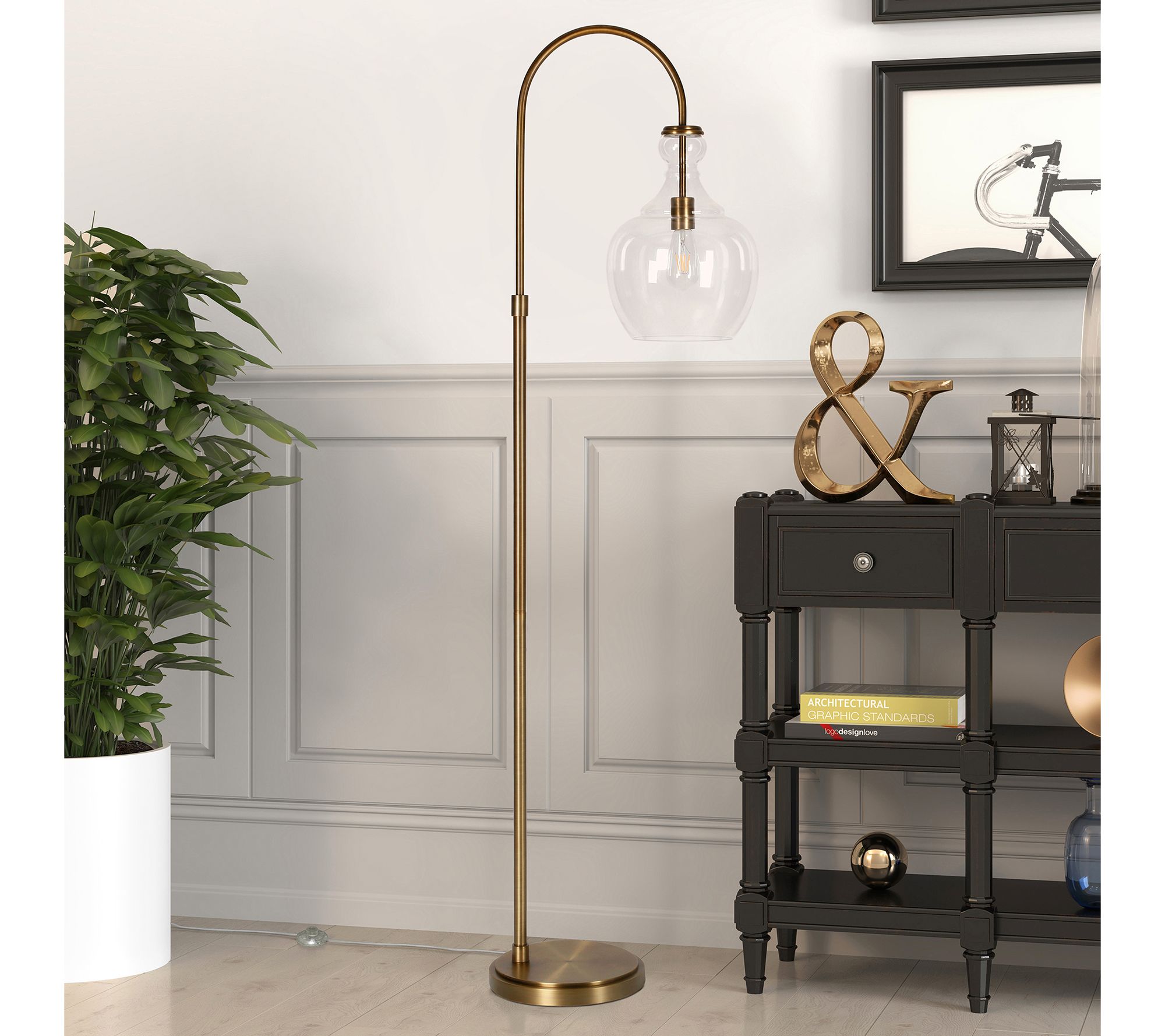 Hudson&Canal Verona Arc Brass Floor Lamp with Glass Shade
