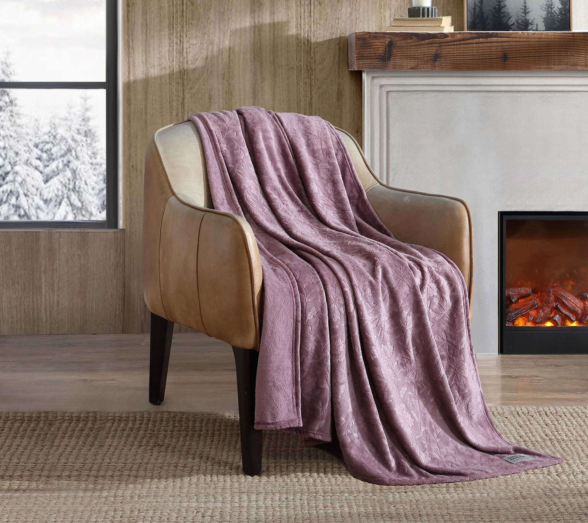 Eddie Bauer Woodblock Floral Plum Plush Fleece Throw Blanket