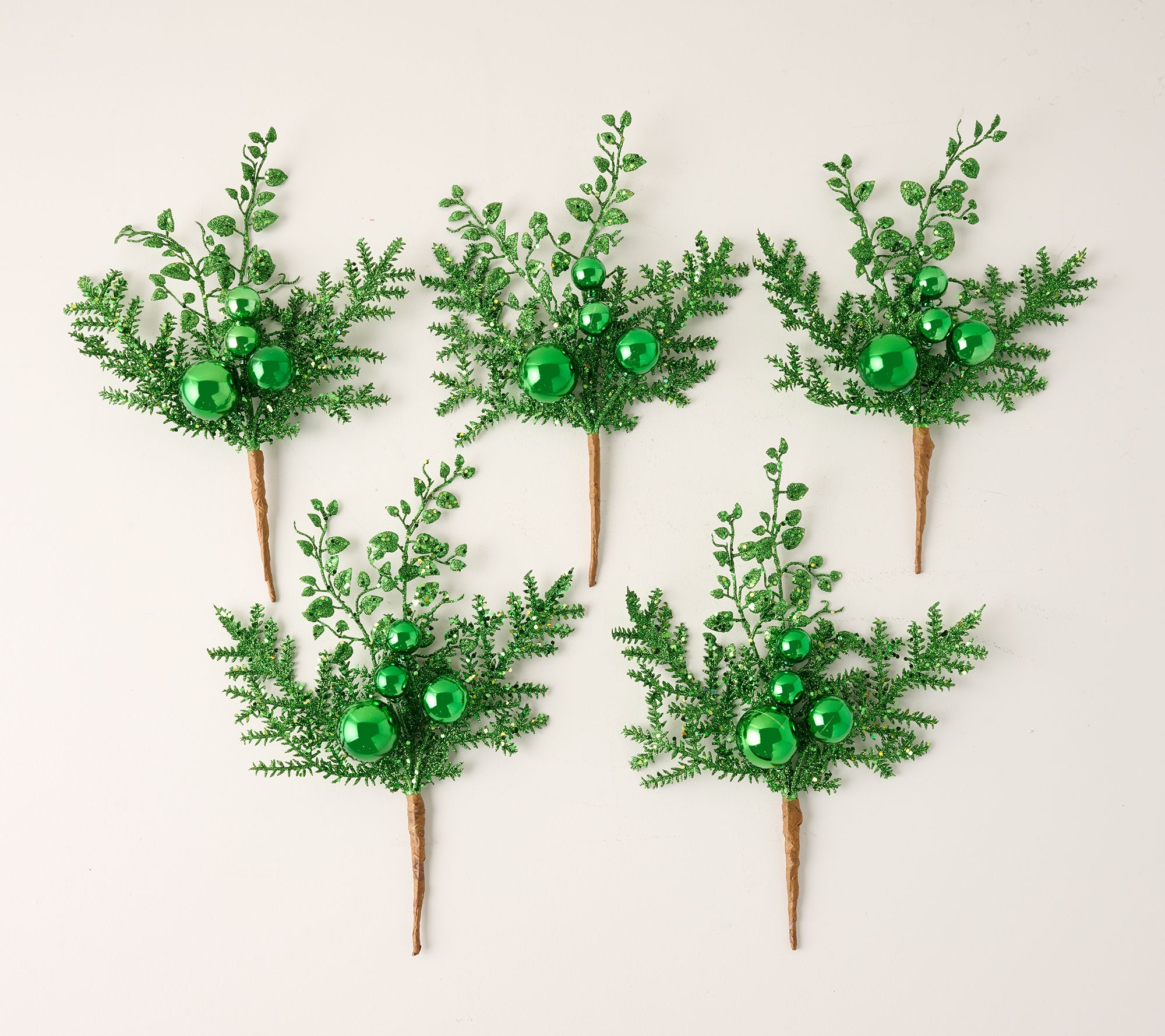 Set of 5 Glittered Ornament and Leaf Picks by Valerie