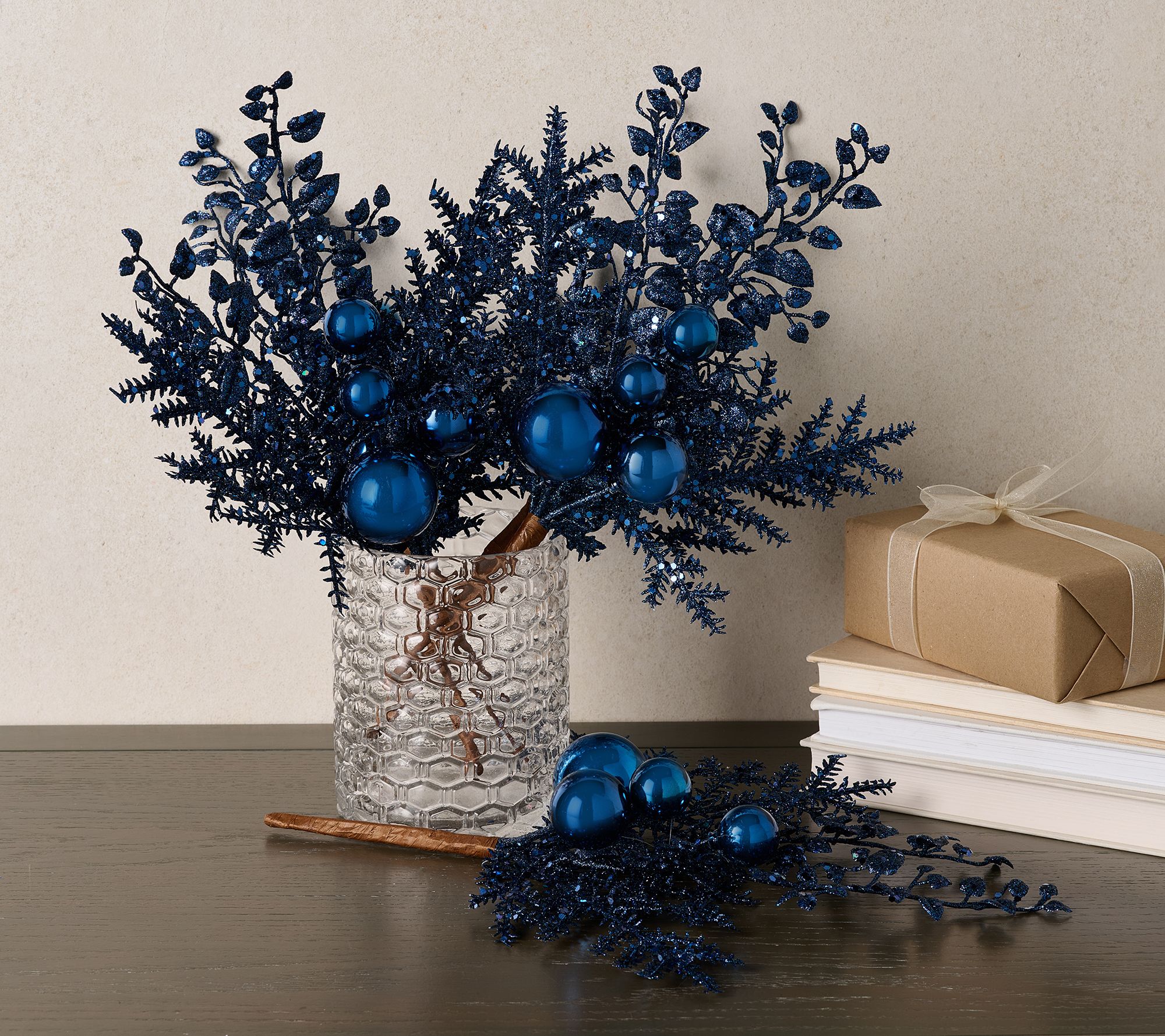 Set of 5 Glittered Ornament and Leaf Picks by Valerie