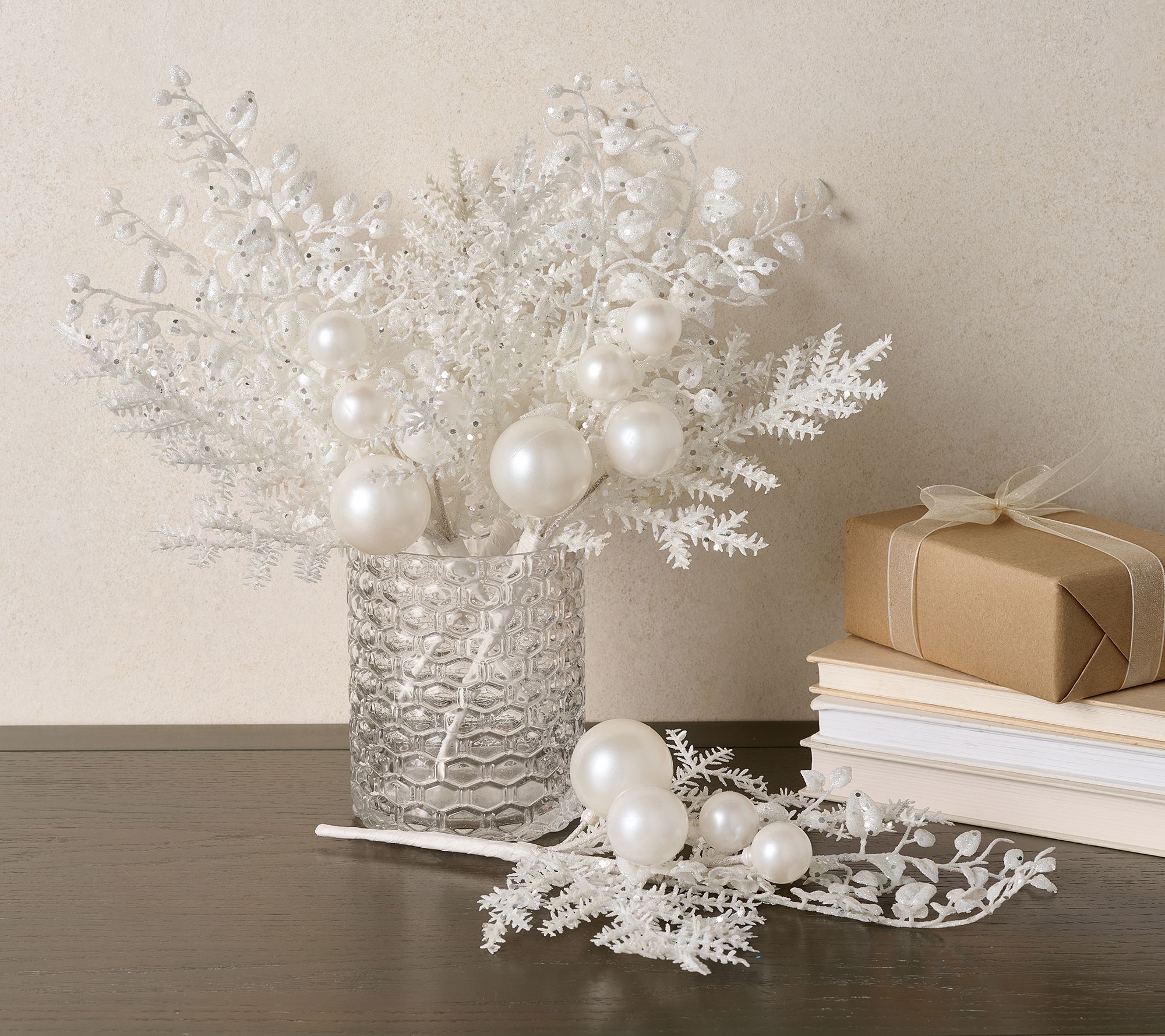 Set of 5 Glittered Ornament and Leaf Picks by Valerie