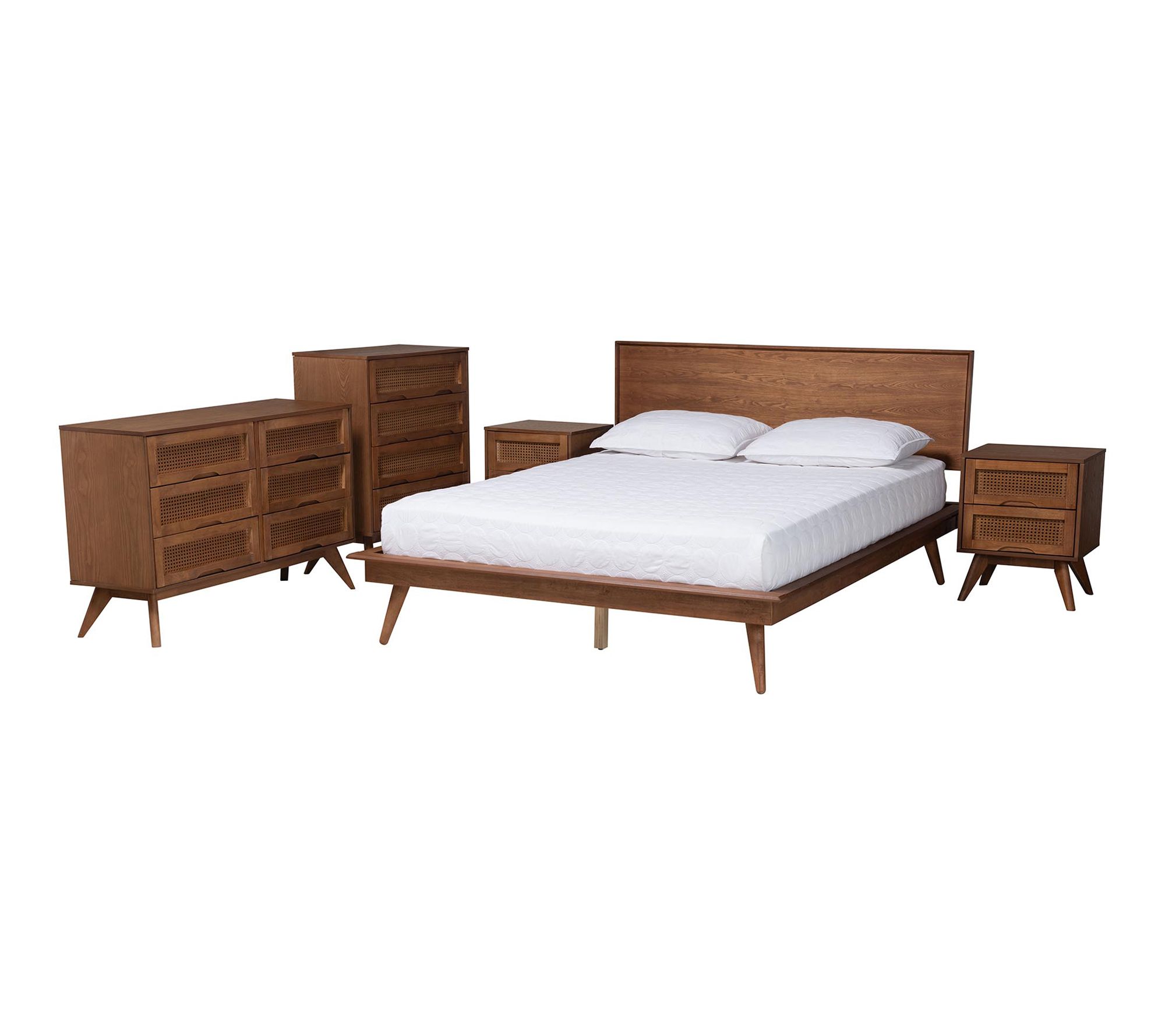 Baxton Studio Melora Wood and Rattan Queen 5-Piece Bedroom Set