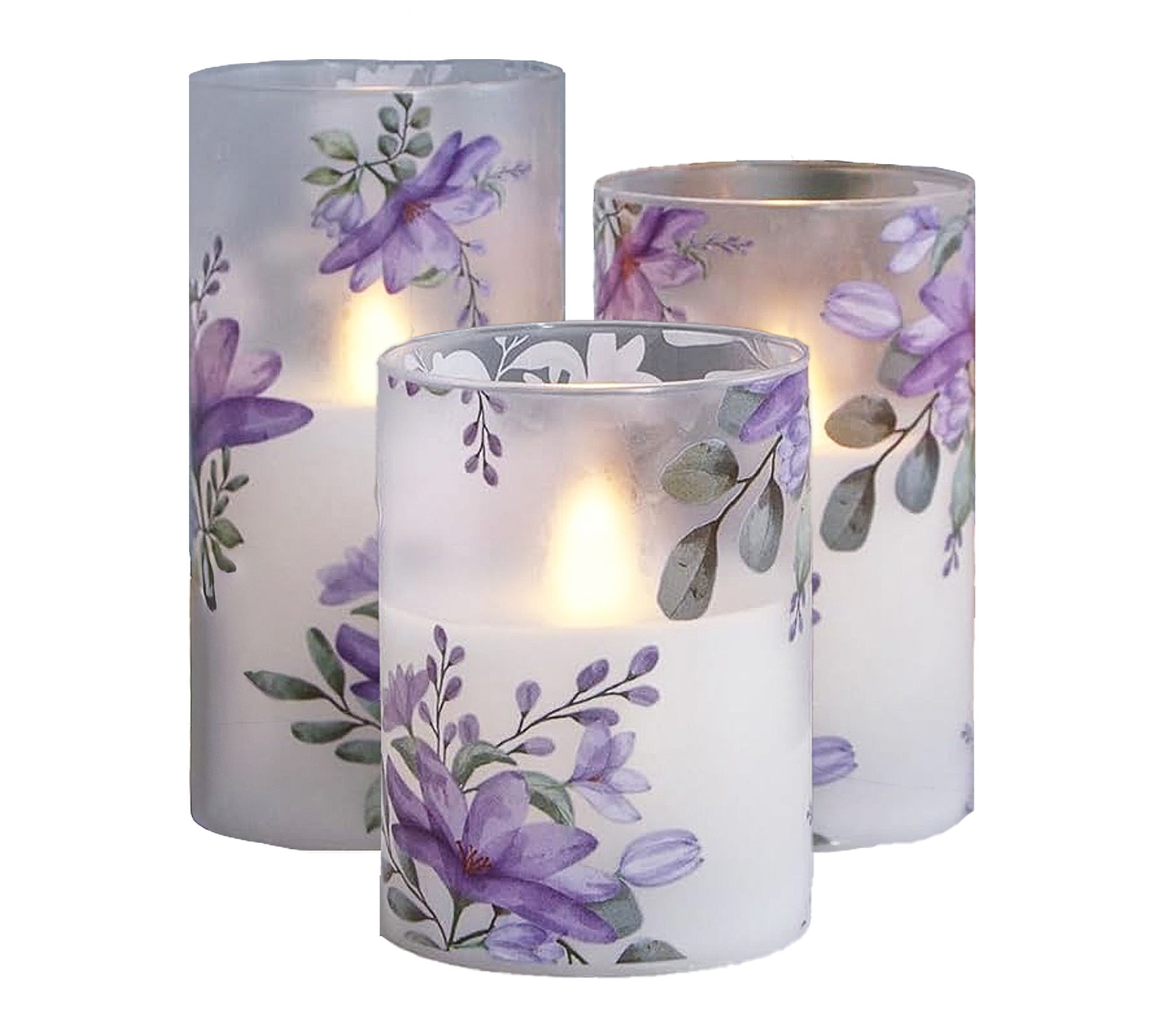 LumaBase Battery-Operated Glass Hurricane w/ Violets- Set of 3