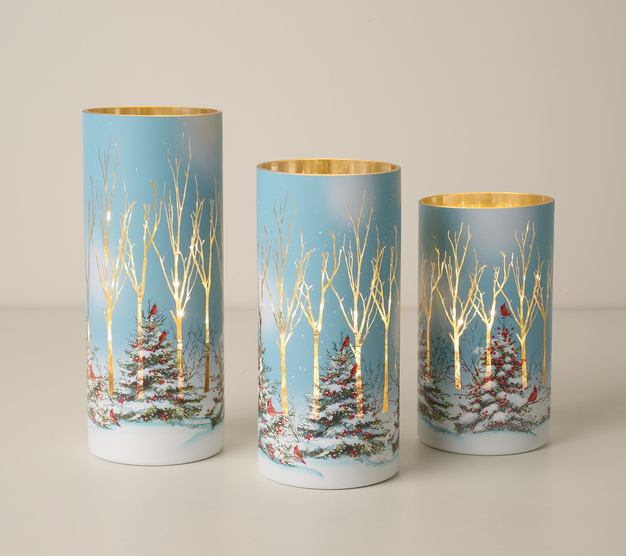 Set of 3 Lit Cardinals In Forest Hurricanes by Valerie