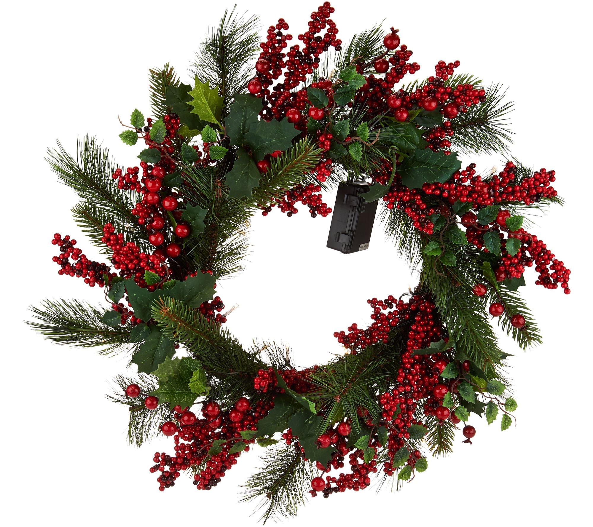 21" Illuminated Red Berry and Holly Wreath by Valerie
