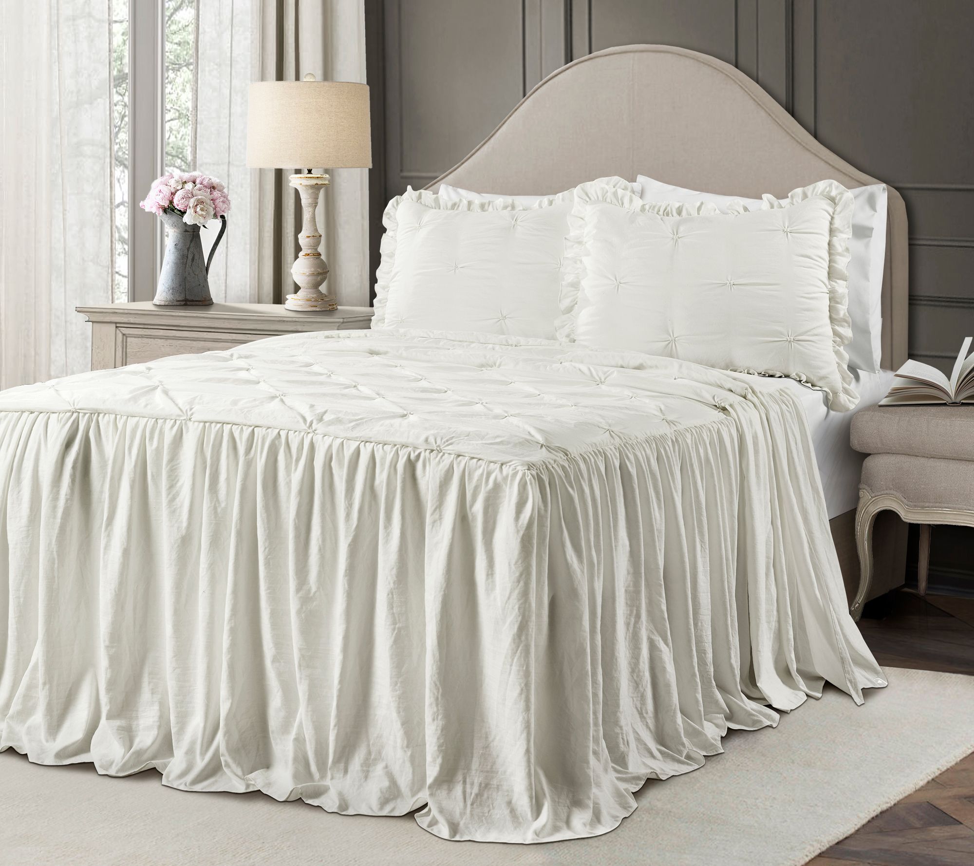 Ravello Pintuck Ruffle Skirt 3-Piece Queen Bedspread By Lush Decor