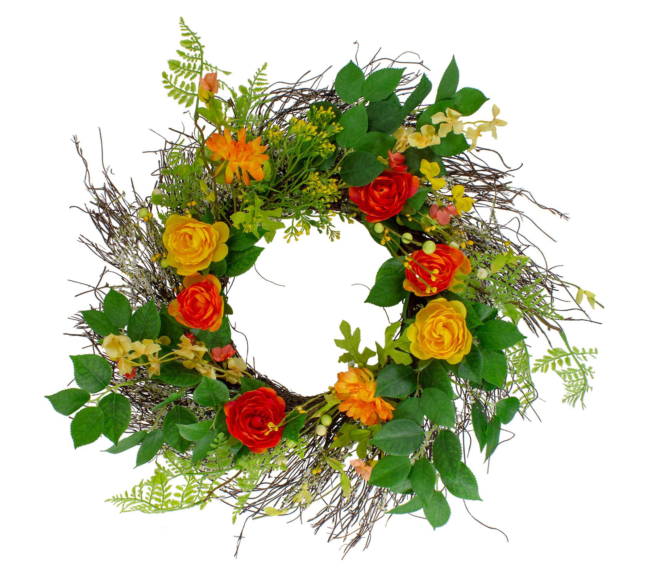 Ranunculus and Rose Floral Spring Wreath  Orange and Yellow