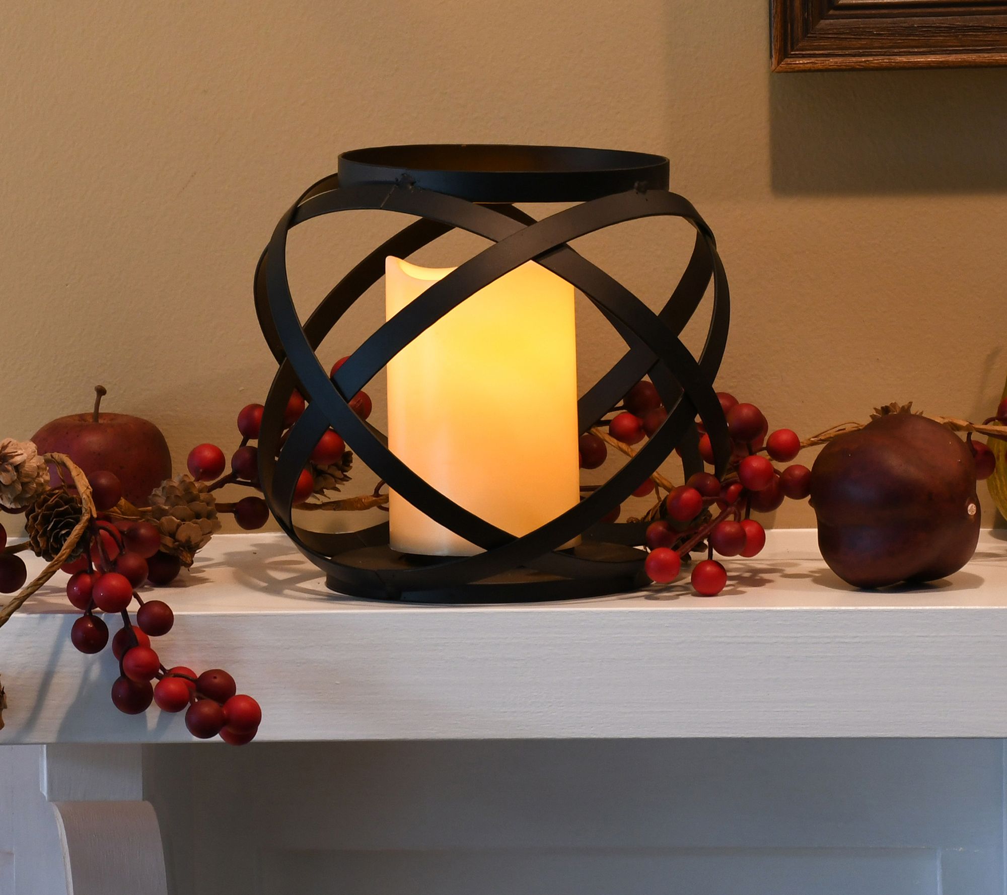 LumaBase Black Banded Metal Lantern w/B/O Candle- 6.5"