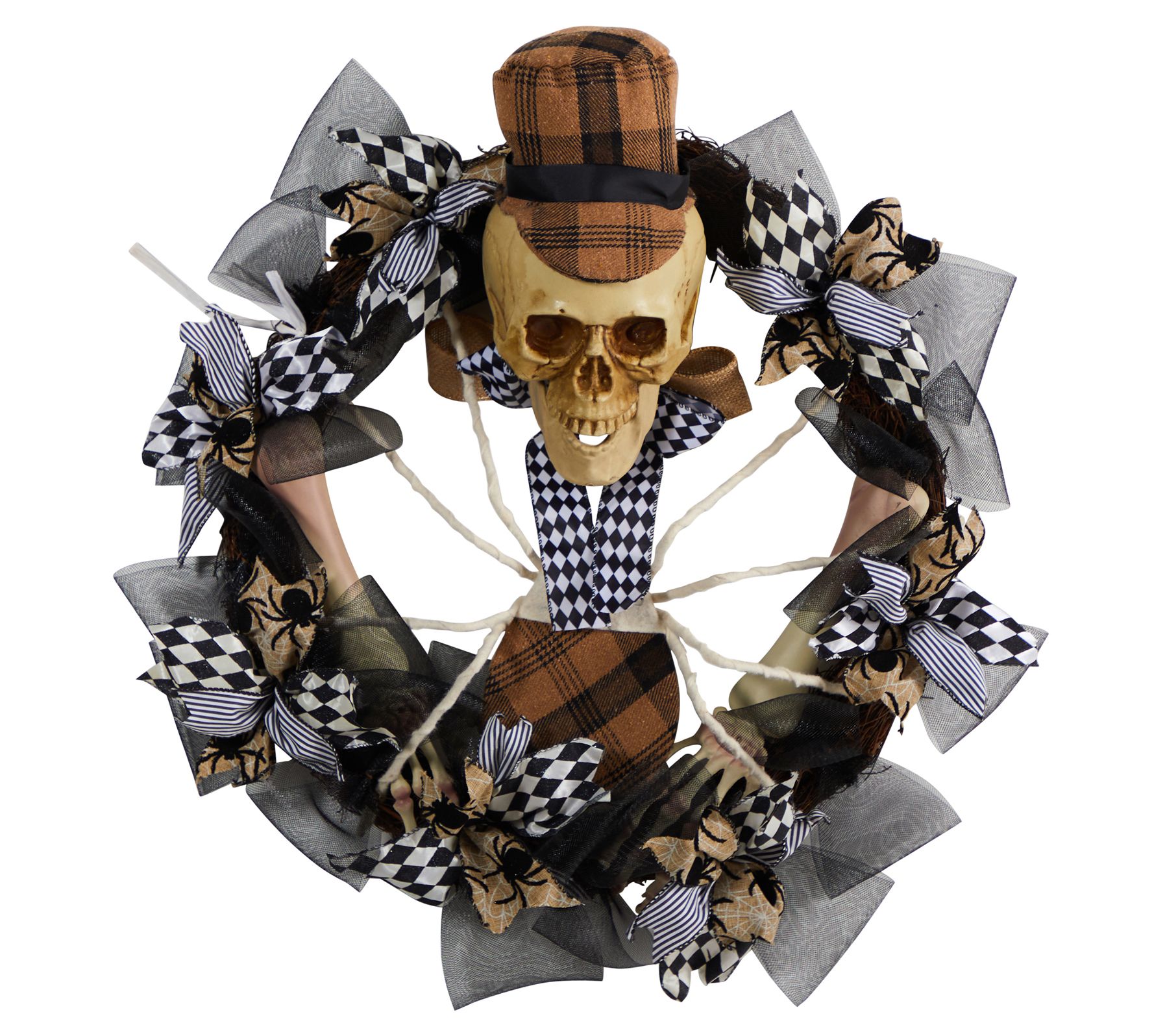 Nearly Natural 24" Halloween Skull in Plaid Mesh Wreath