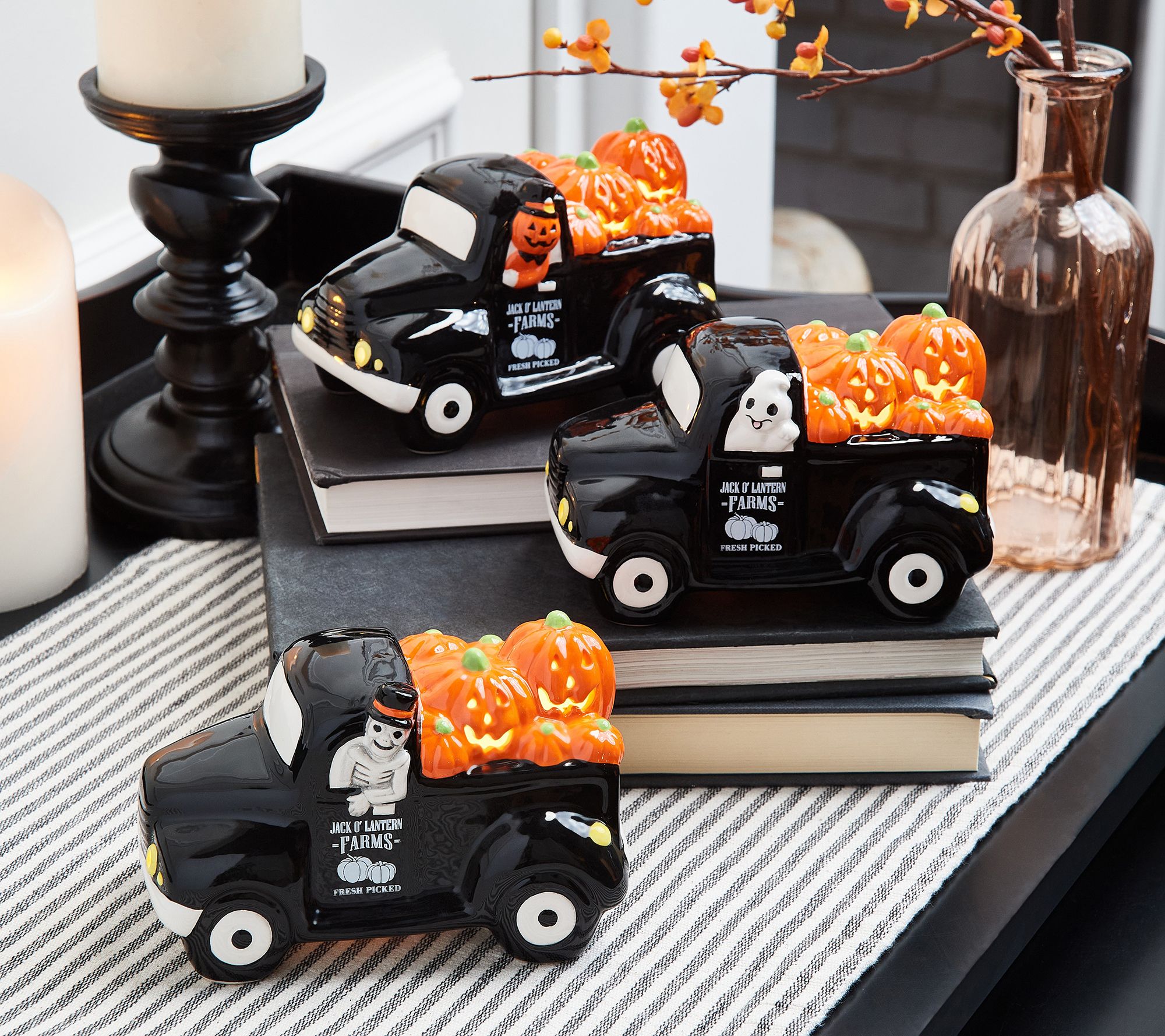 "As Is" Mr. Halloween S/3 Ceramic Trucks w/ Illuminated JackOLanterns