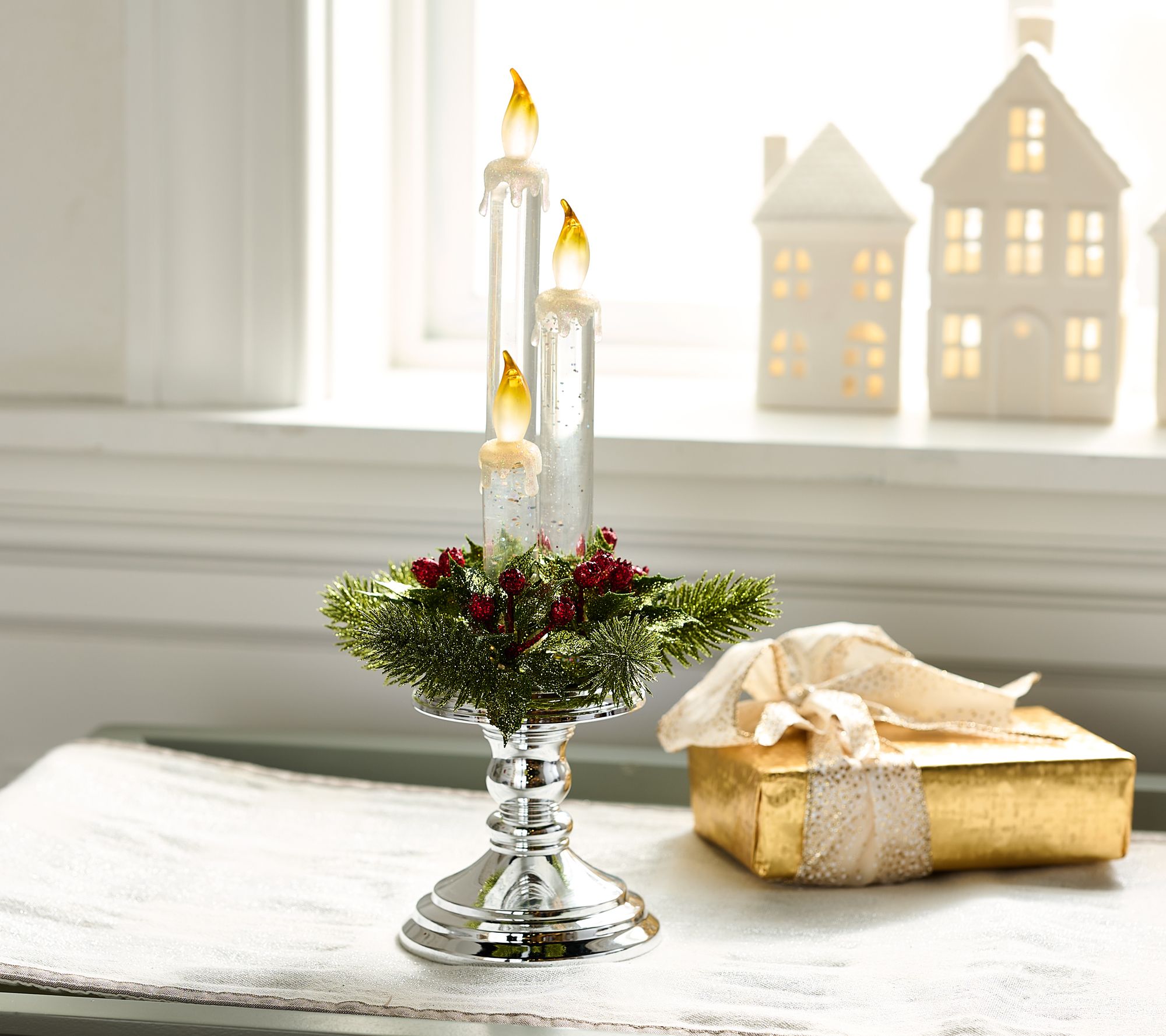 "As Is" Illuminated Glitter Candle Trio on Pedestal