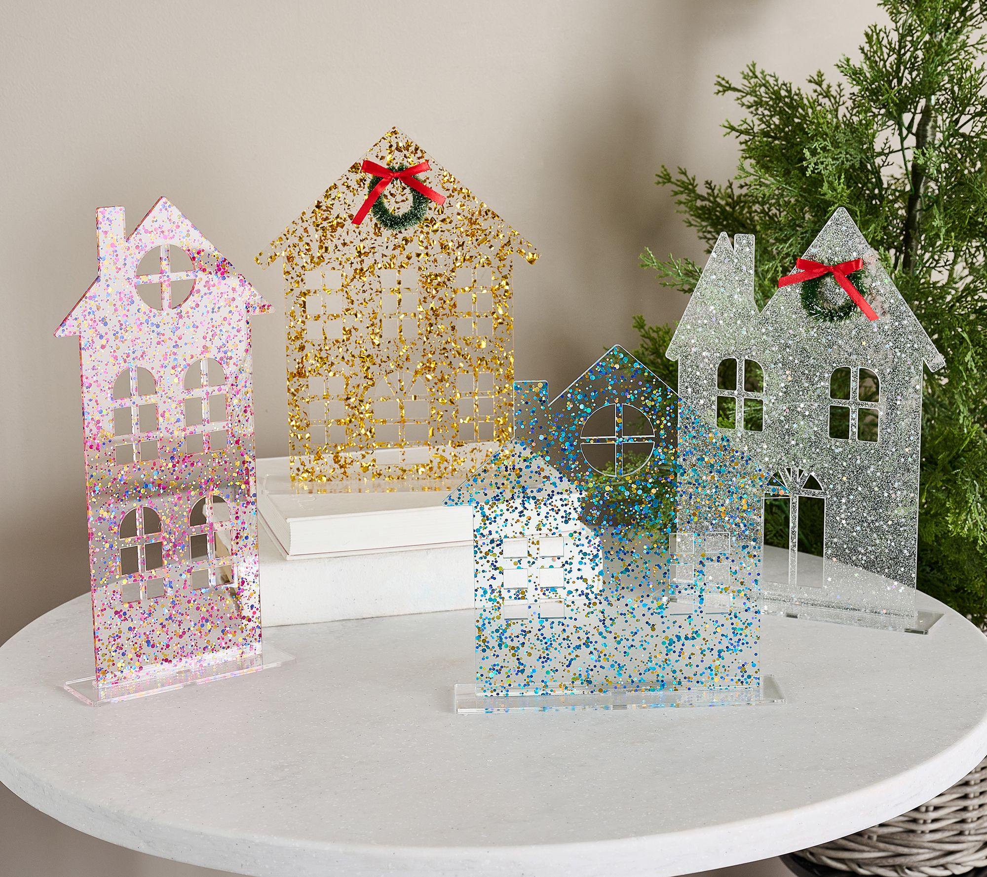 "As Is" Fierce Home Set of 4 Multi Color Glitter Acrylic Houses