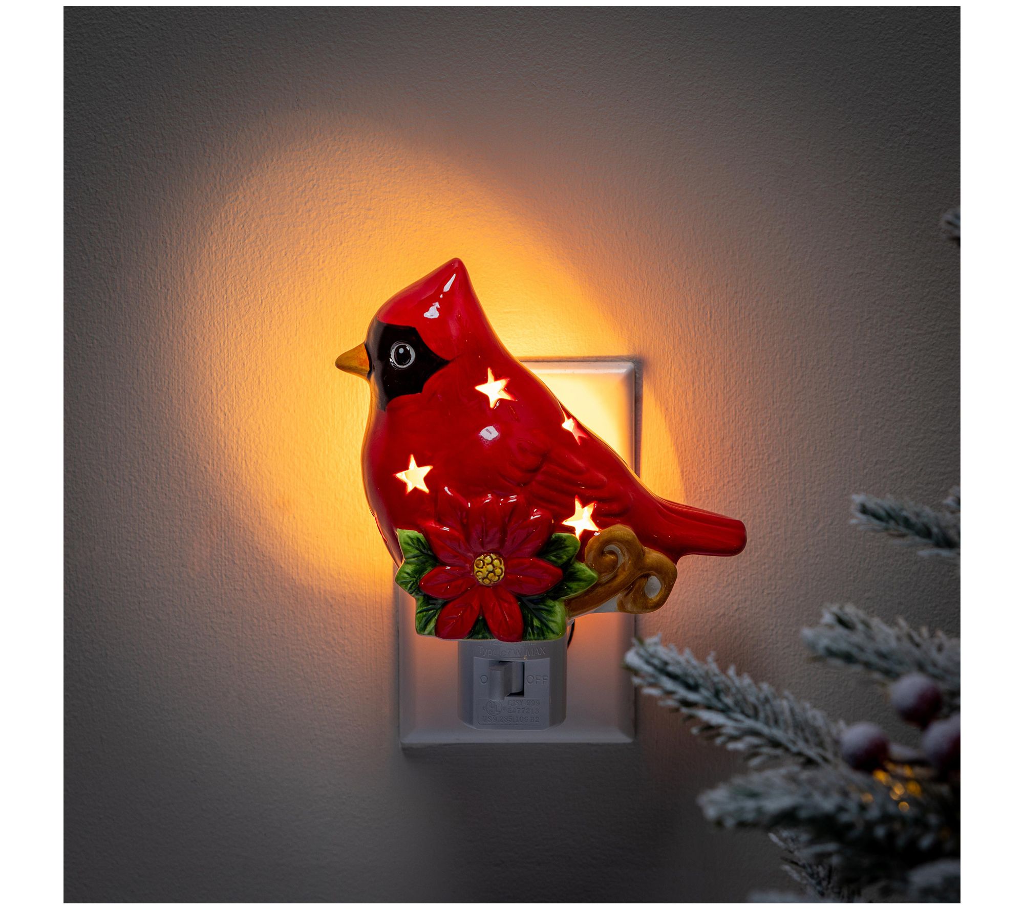 Evergreen 5.5"H Ceramic Cardinal with Poinsettia Nightlight