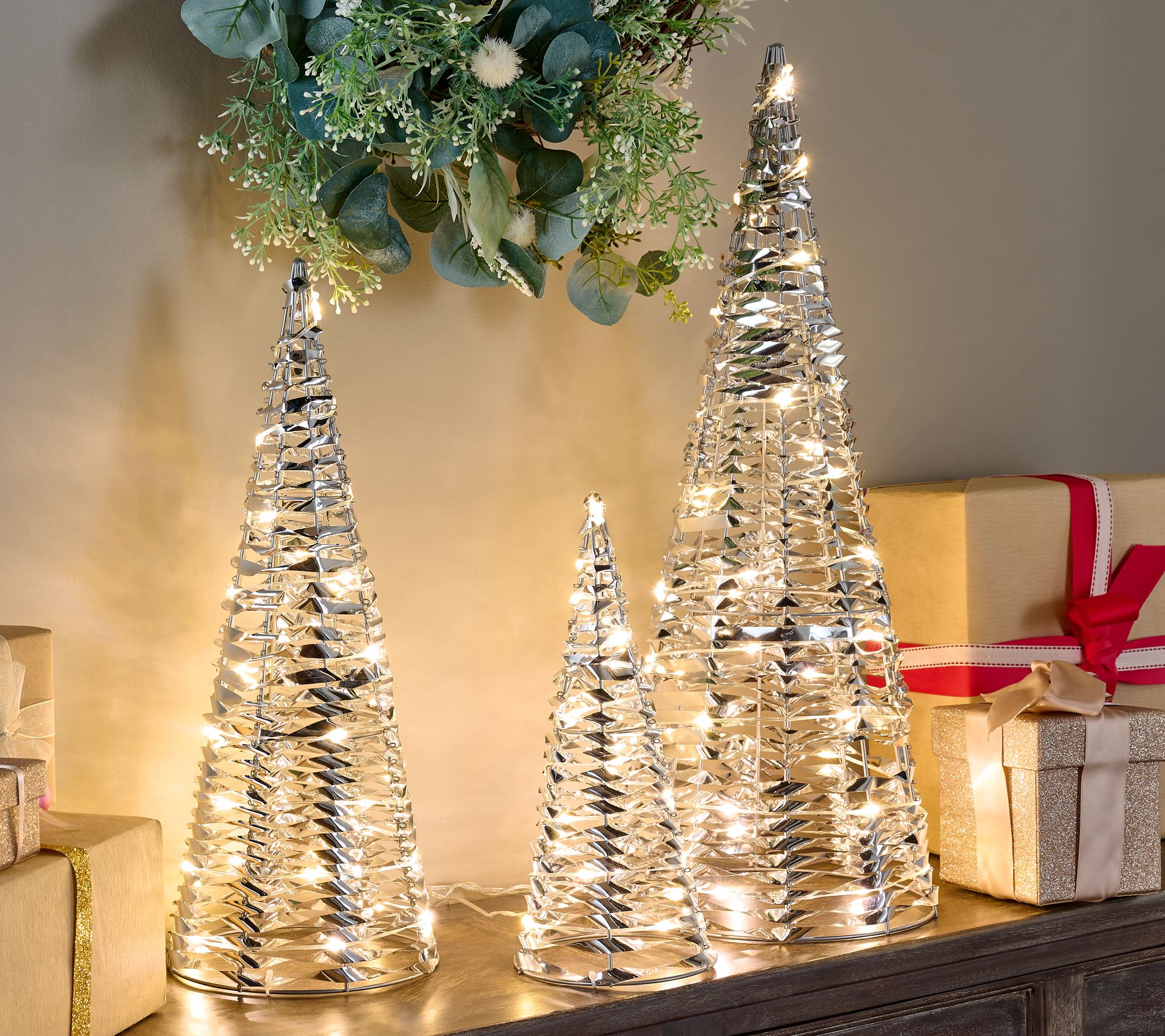 "As Is" Bethlehem Light Set of 3 Illuminated Ribbon Trees