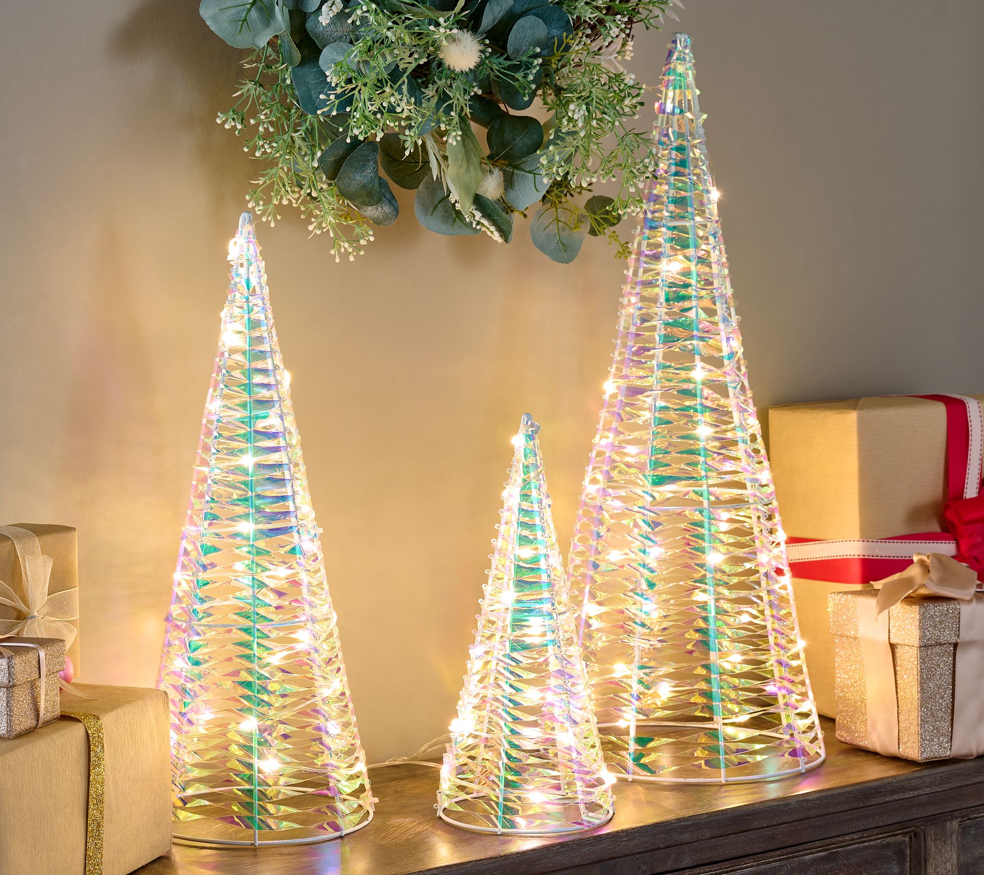 "As Is" Bethlehem Light Set of 3 Illuminated Ribbon Trees
