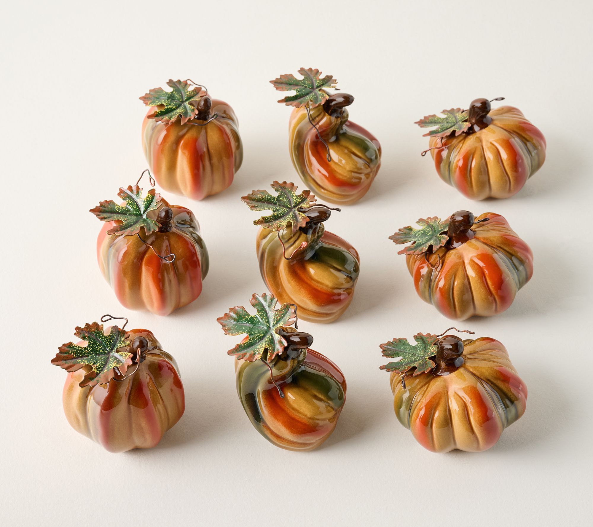 Set of 9 Mini Ceramic Pumpkins with Leaves by Valerie