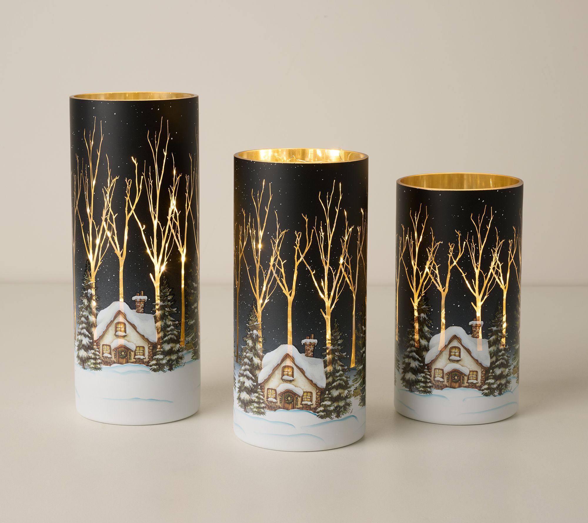Set of 3 Illuminated Snowy Cottage Hurricanes by Valerie