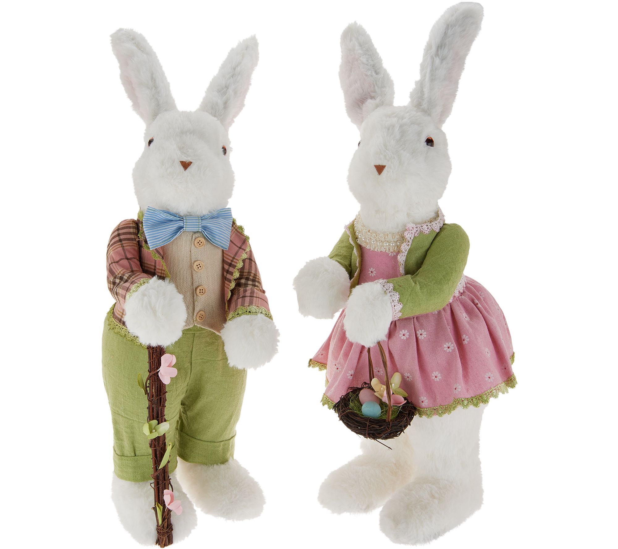 21 Soft White Bunny Couple with Basket & Walking Stick by Valerie 