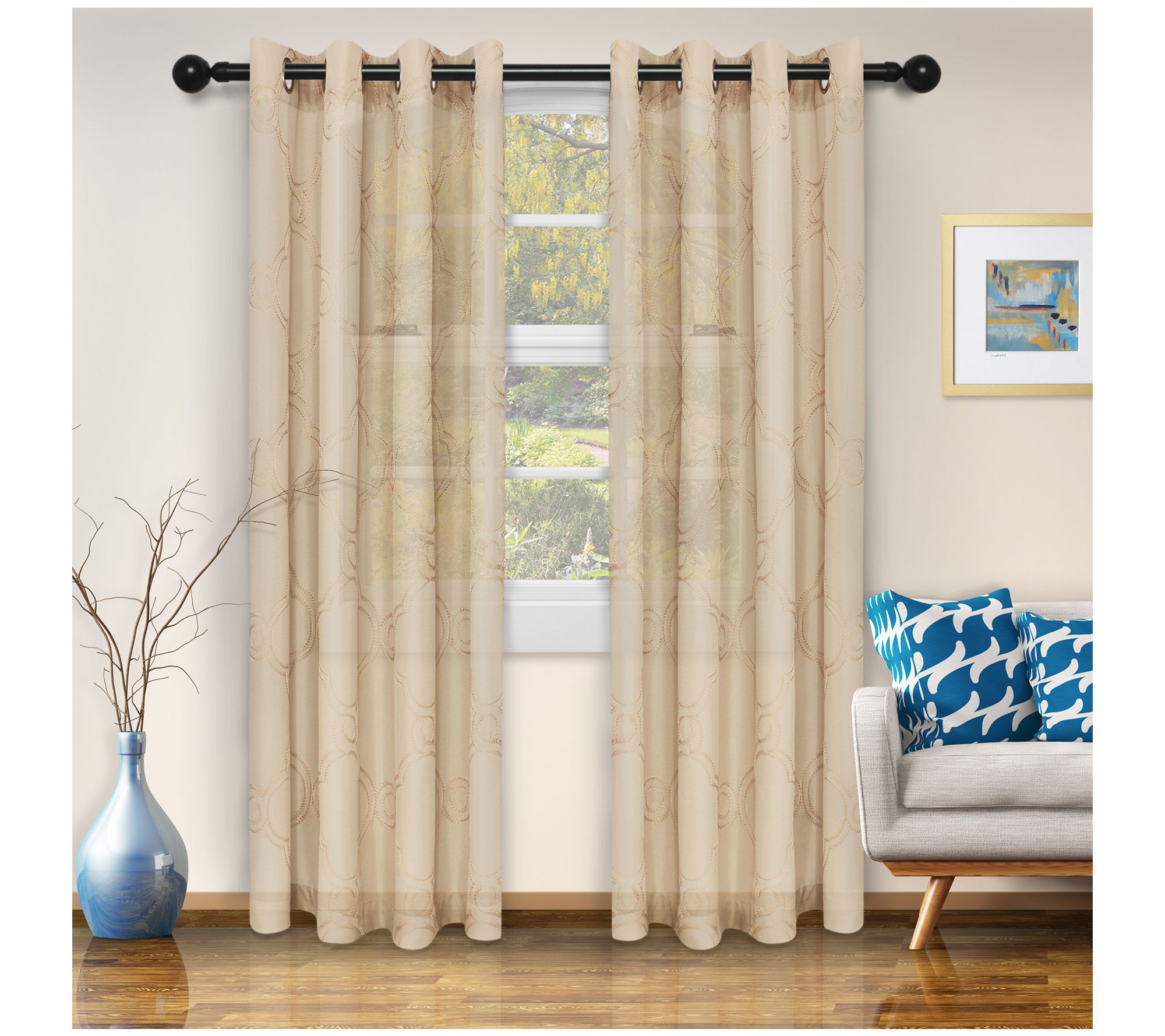 Superior Embroidered Moroccan Sheer Grommet Cur tains, 52 X 96