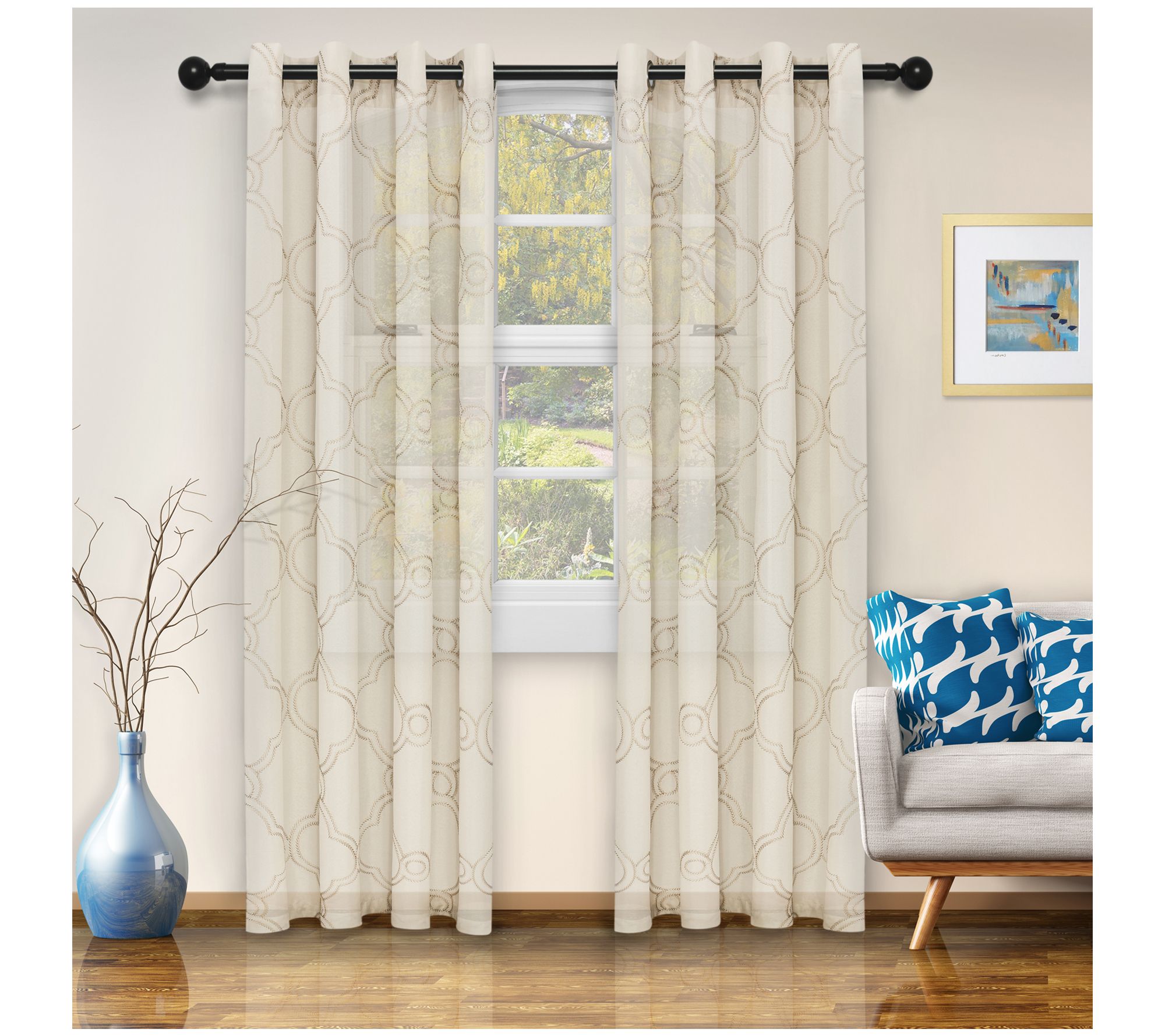 Superior Embroidered Moroccan Sheer Grommet Curtains, 52 X 96
