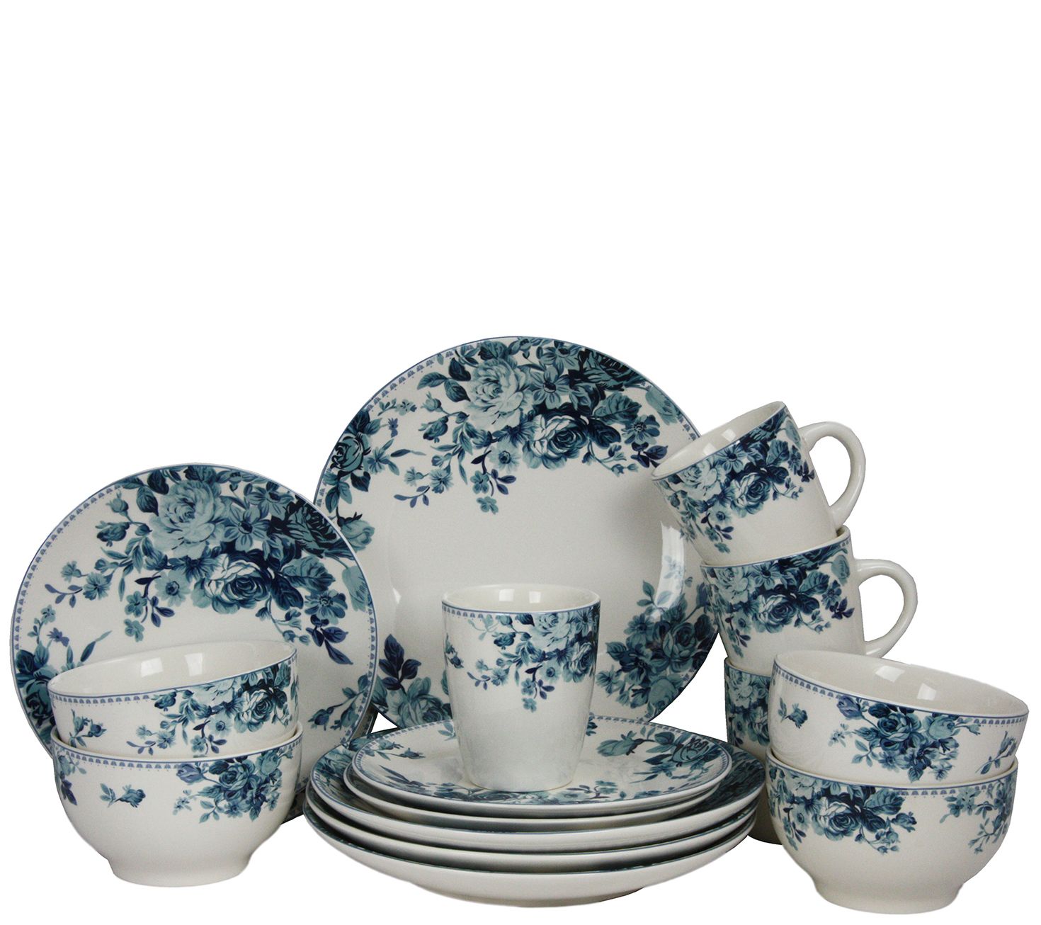 Elama Traditional Blue Rose 16-Piece DinnerwareSet - QVC.com