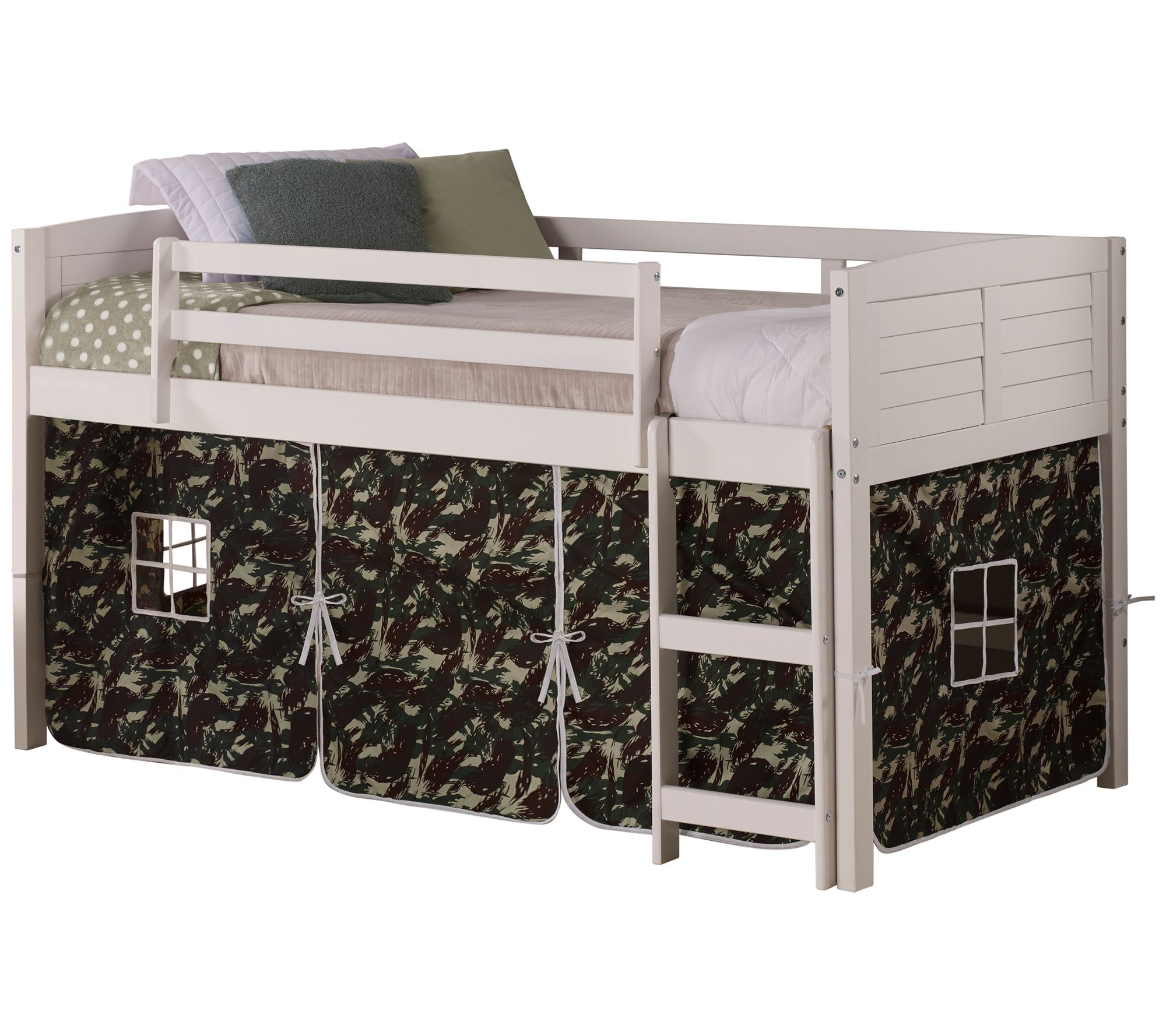 Donco Kids Twin Louver Low Loft White Bed w/Solid Tent