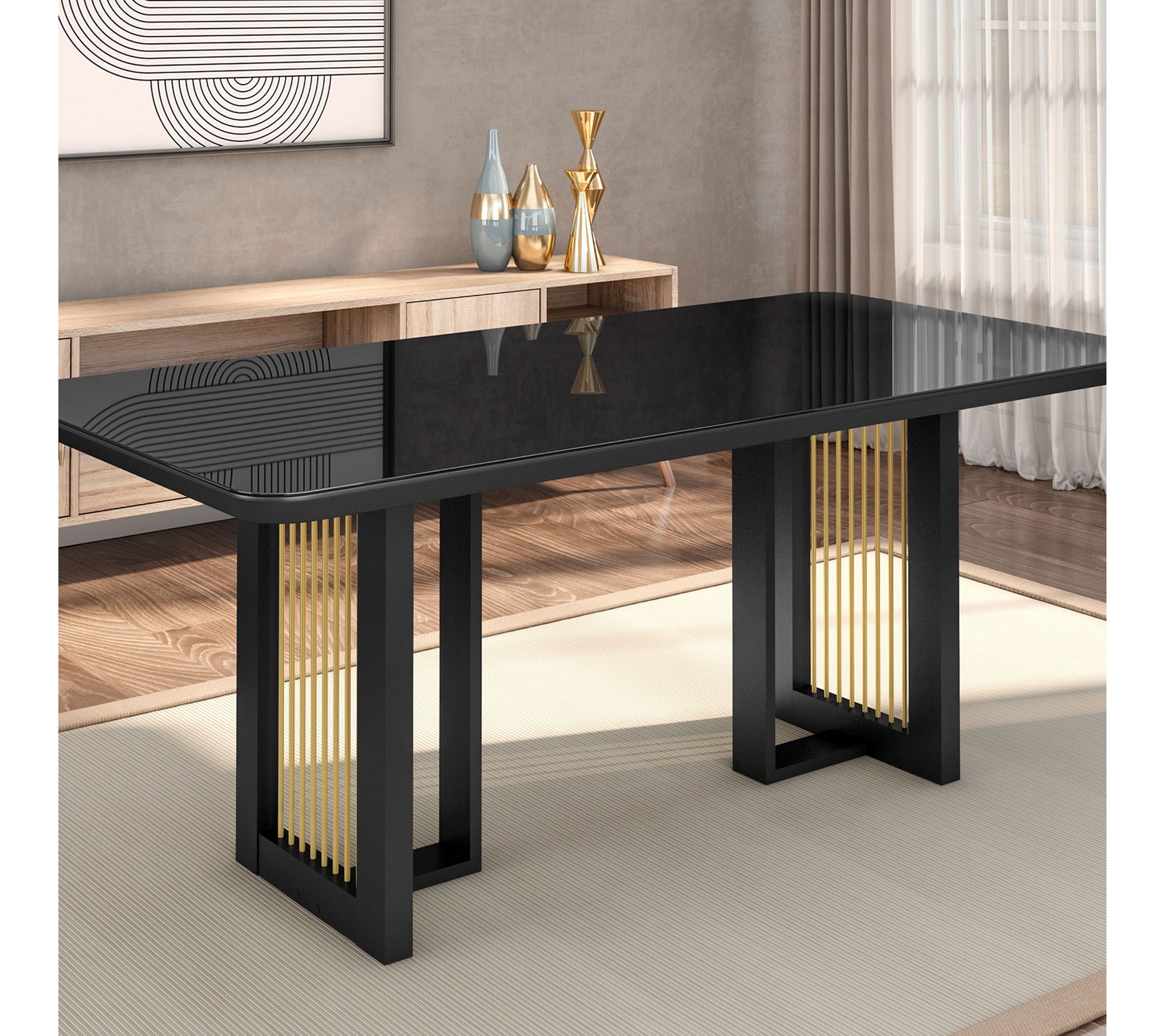 Techni Home Modern Black Dining Table for 6 W/Painted Glass