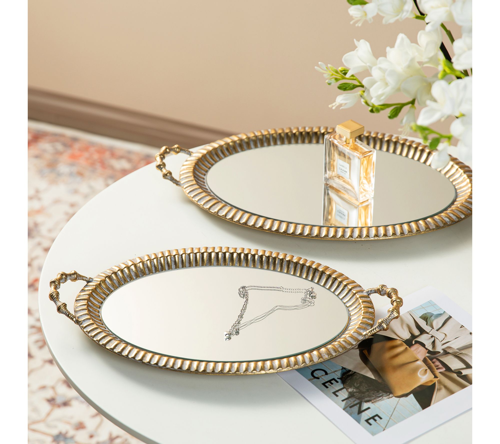 Glitzhome Set of 2 Oval Metal Mirrored Decorative Trays