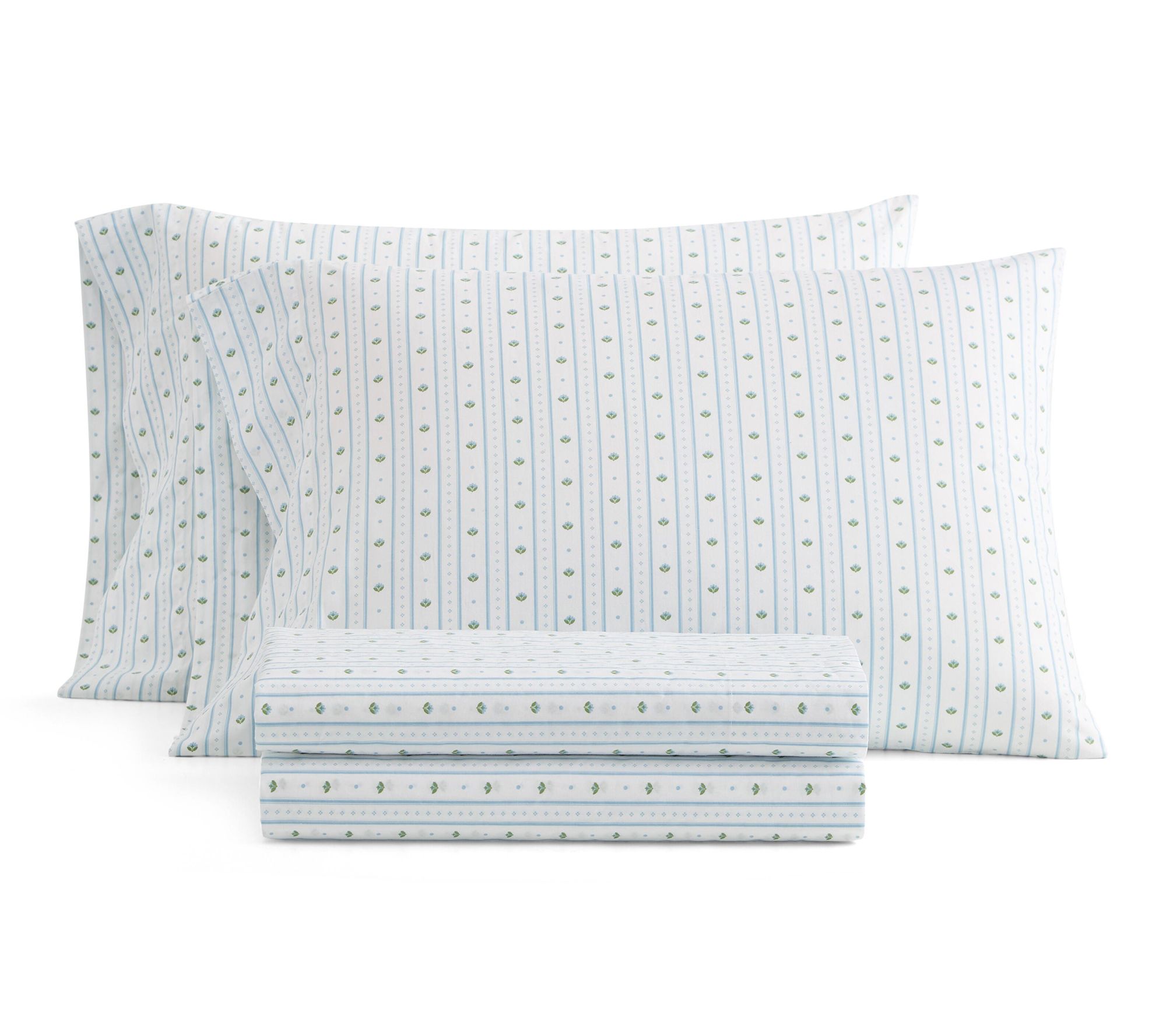 Martha Stewart Floral Stripe White/Blue CottonKing Sheet Set