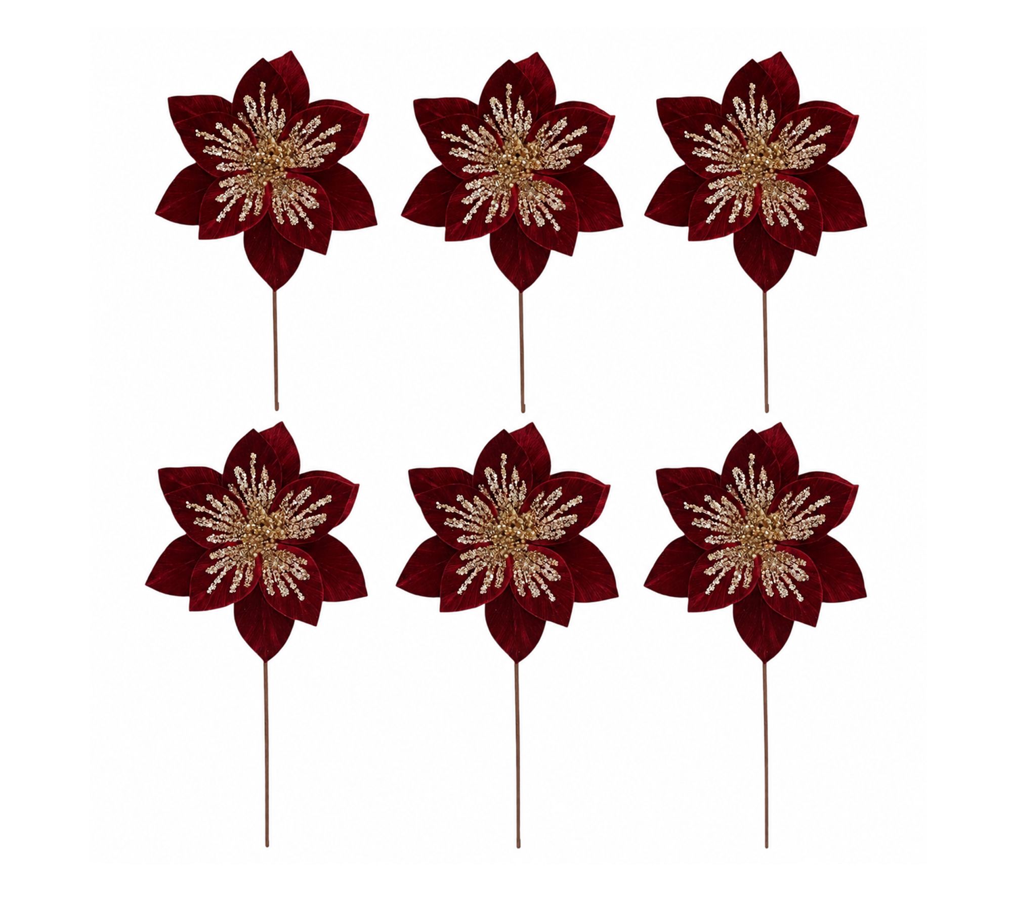 RC Home Decor Set of 6 Luxury Burgundy Velvet Poinsettia Picks