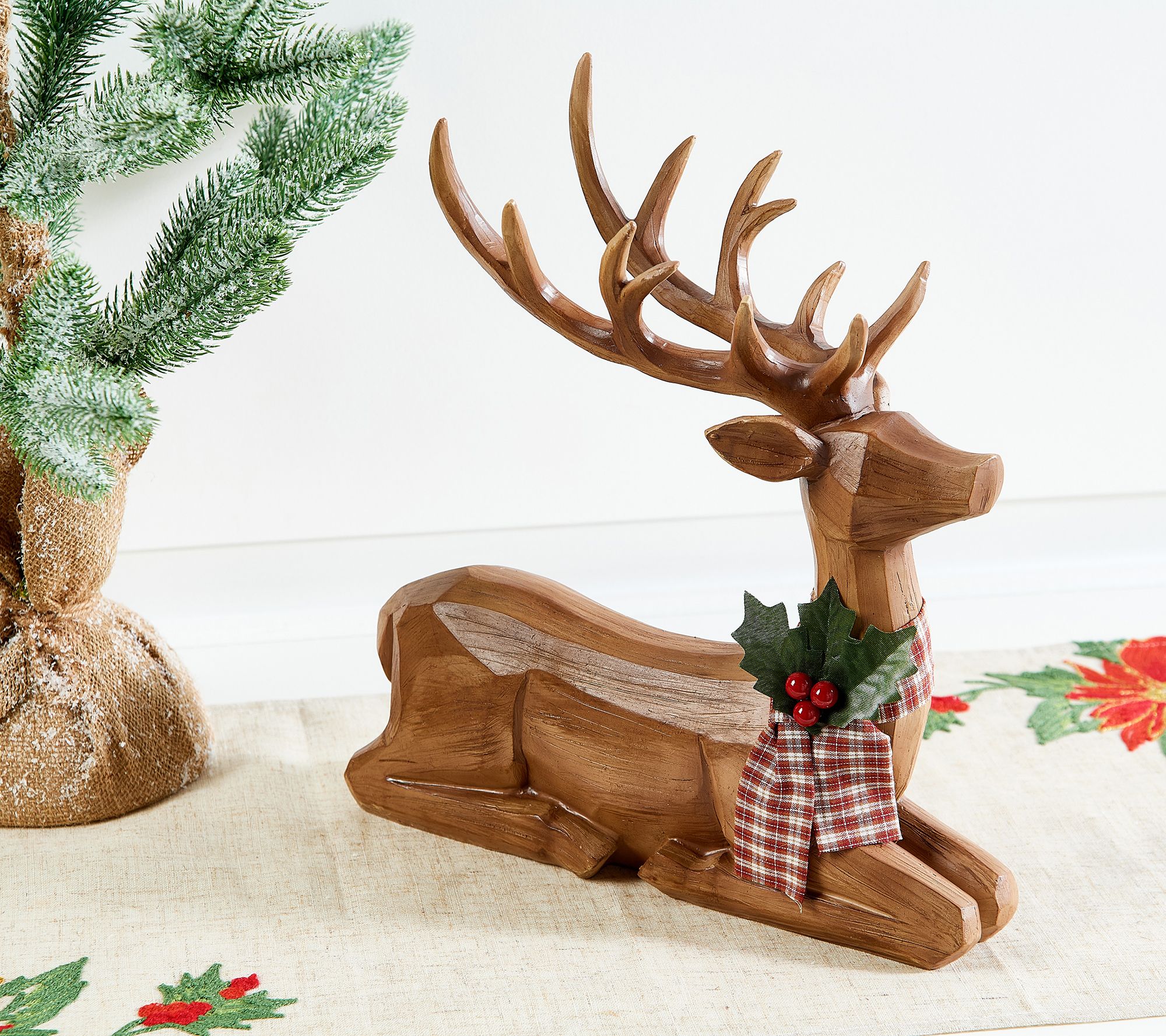 Home Reflections Resin Wood Finish Sitting Reindeer - QVC.com