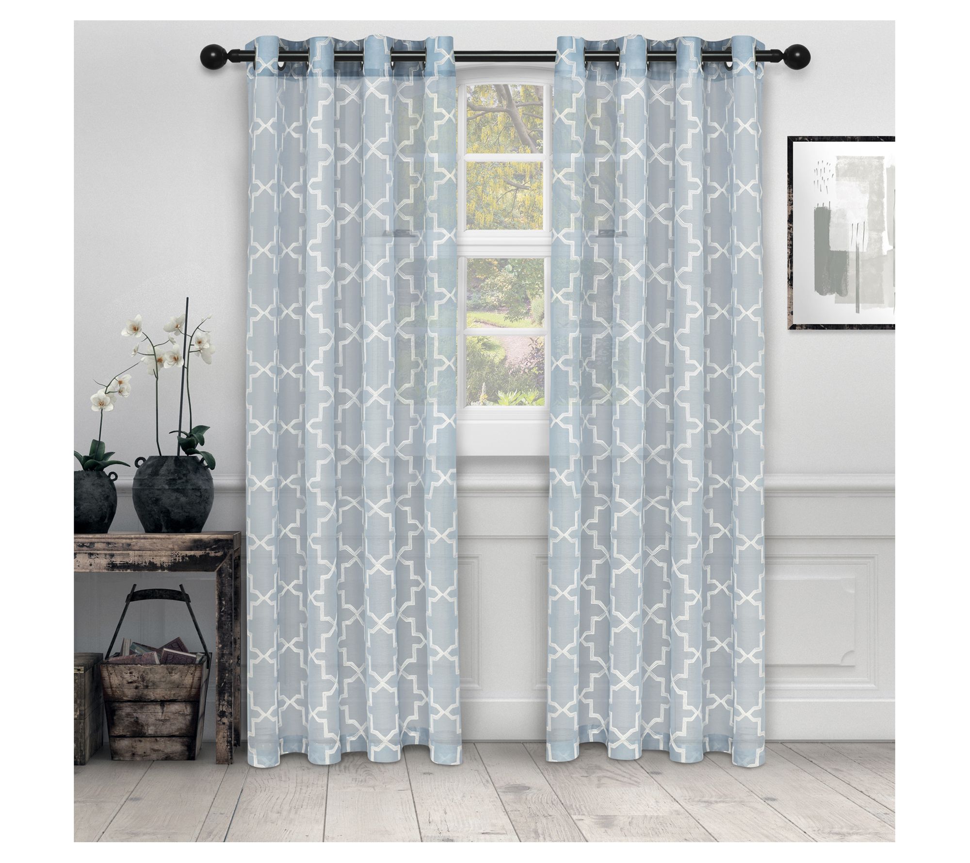Superior Embroidered Quatrefoil Sheer Curtains, 52" x 96"