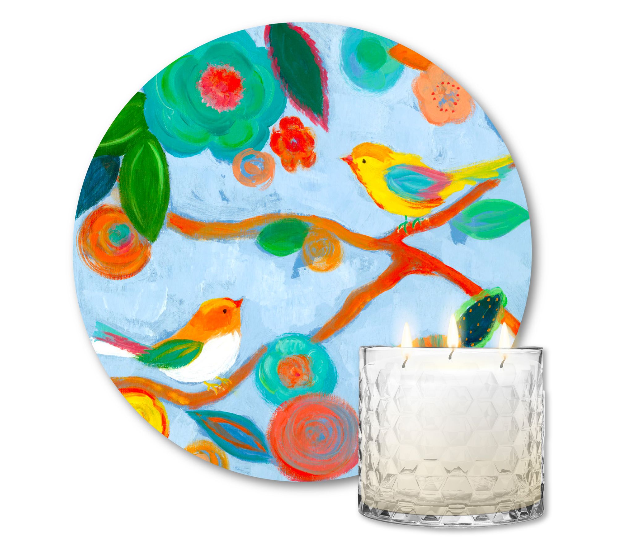 Courtside Bright Bird I 8"x8" Art Board & 13.5z Candle