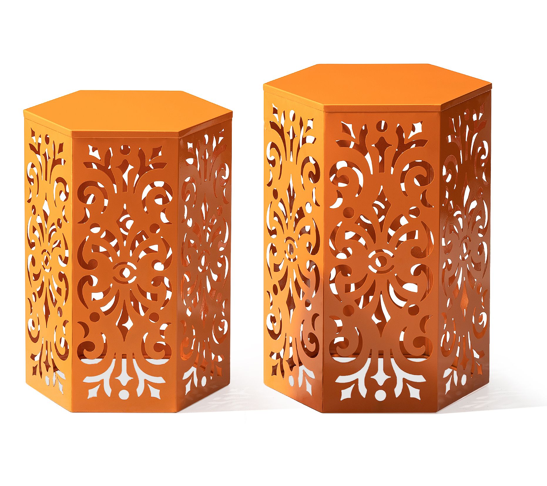 Glitzhome Set of 2 Iron Cutout Floral HexagonalGarden Stools